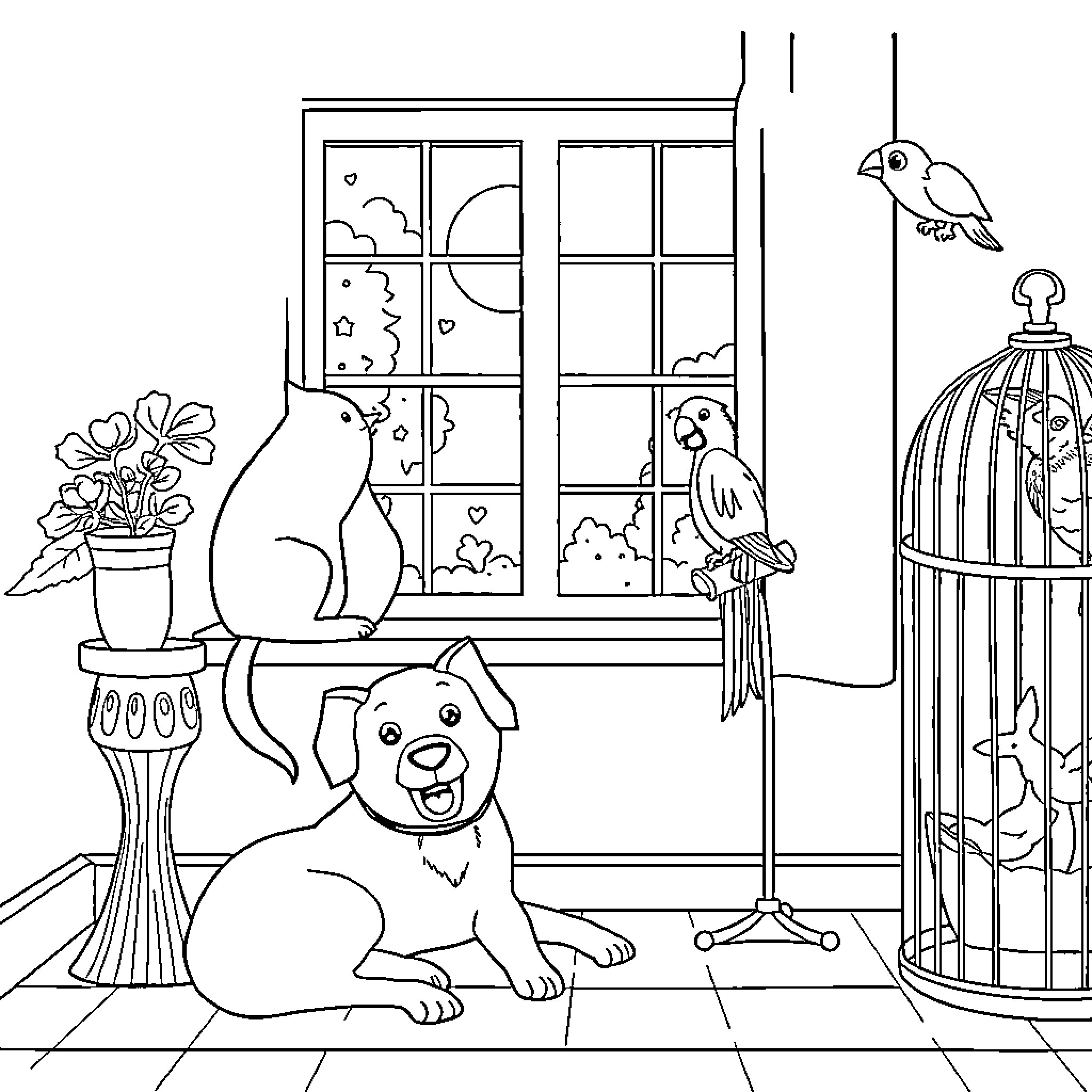 Animal Friends Enjoying Cozy Indoor Scene Coloring Page (free black-and-white line drawing printable PDF for all, from beginners to advanced learners, including children, teens, adults, and seniors)