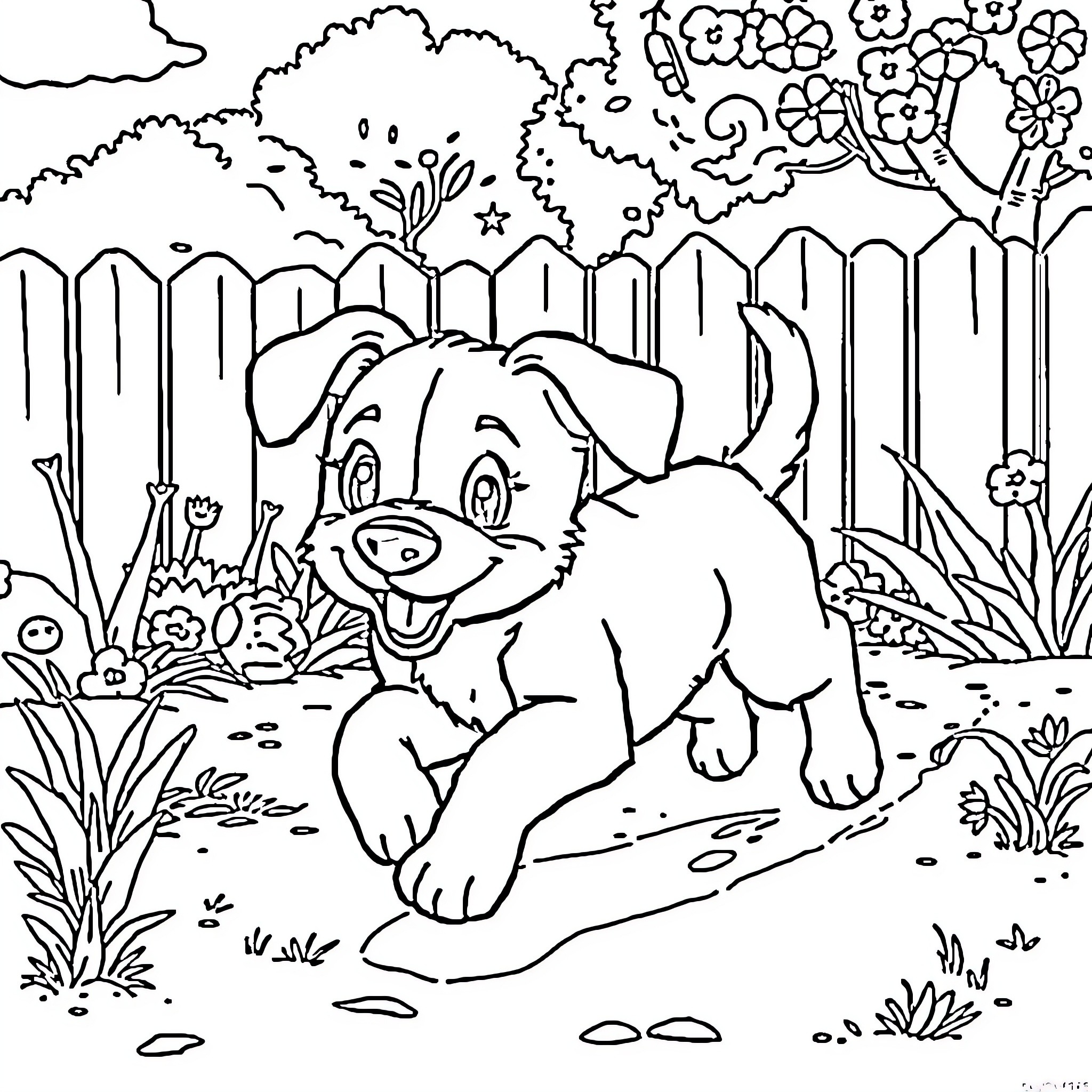 Bluey playing happily in the garden Coloring Page (free black-and-white line drawing printable PDF for all, from beginners to advanced learners, including children, teens, adults, and seniors)