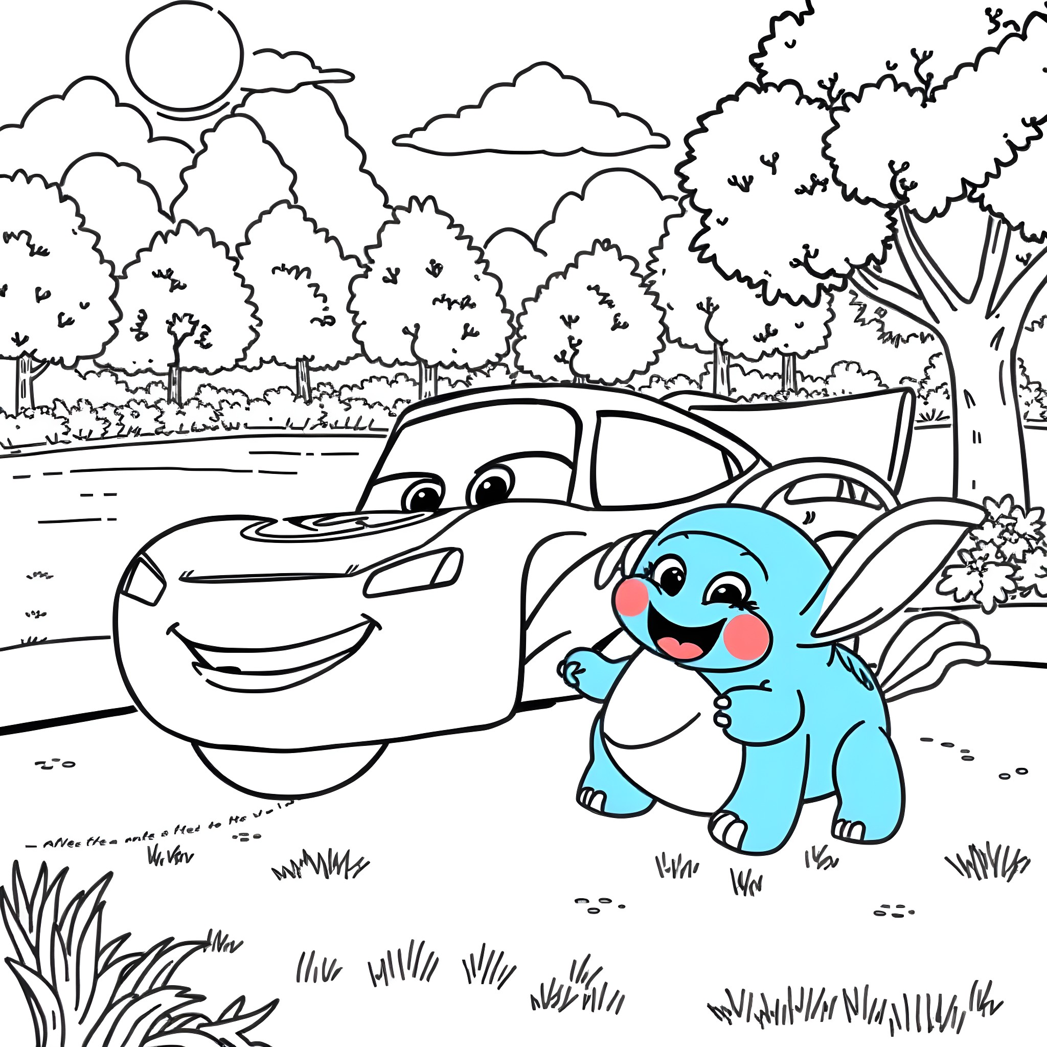 Lightning McQueen and Elephant Cub Enjoying Nature Coloring Page (free black-and-white line drawing printable PDF for all, from beginners to advanced learners, including children, teens, adults, and seniors)