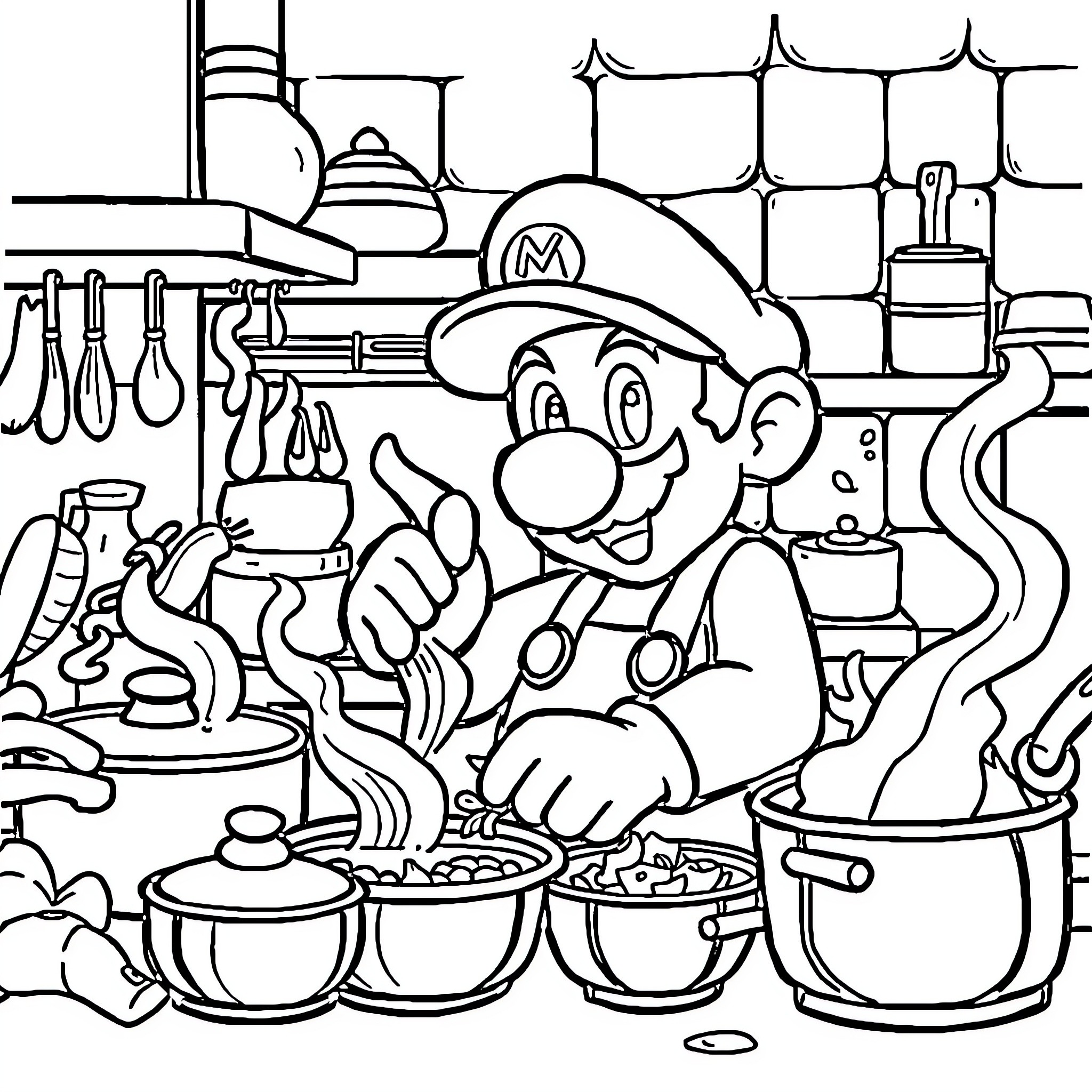 Mario Cooking in the Kitchen Coloring Page (free black-and-white line drawing printable PDF for all, from beginners to advanced learners, including children, teens, adults, and seniors)