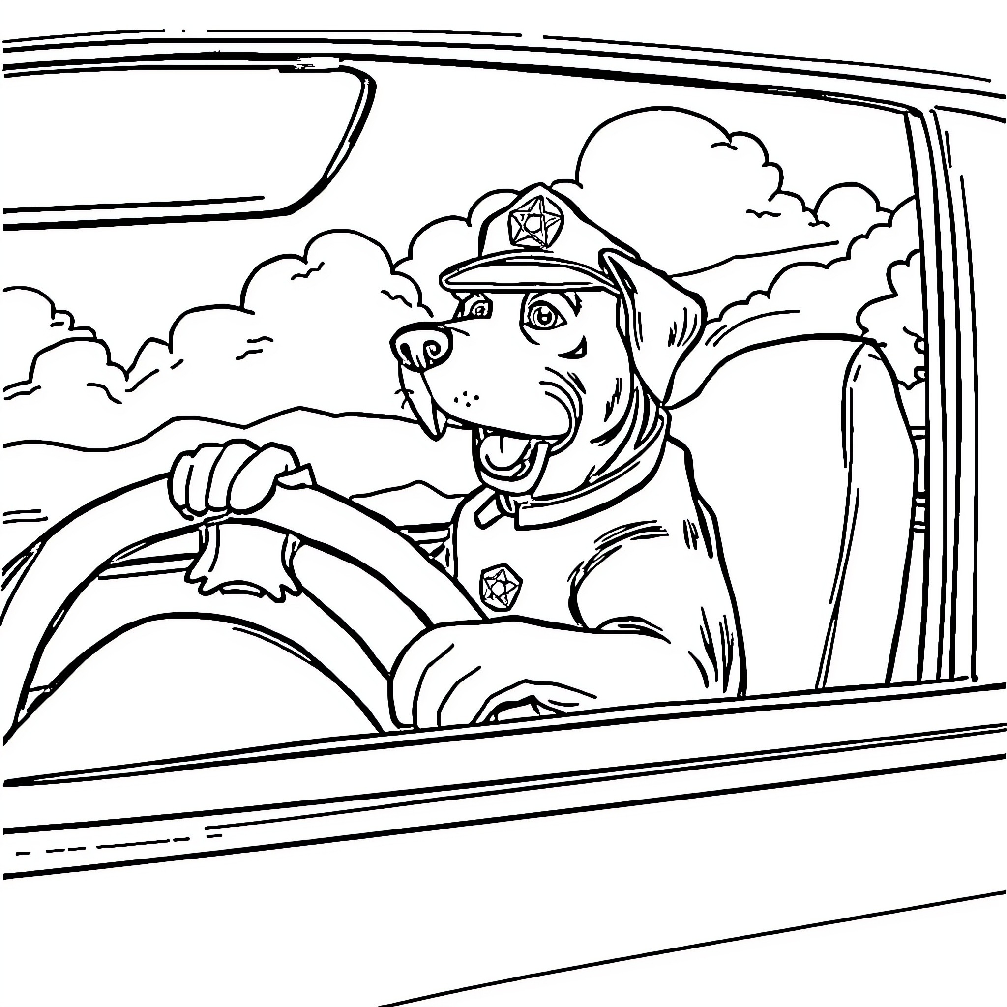 Labrador police officer driving police car Coloring Page (free black-and-white line drawing printable PDF for all, from beginners to advanced learners, including children, teens, adults, and seniors)