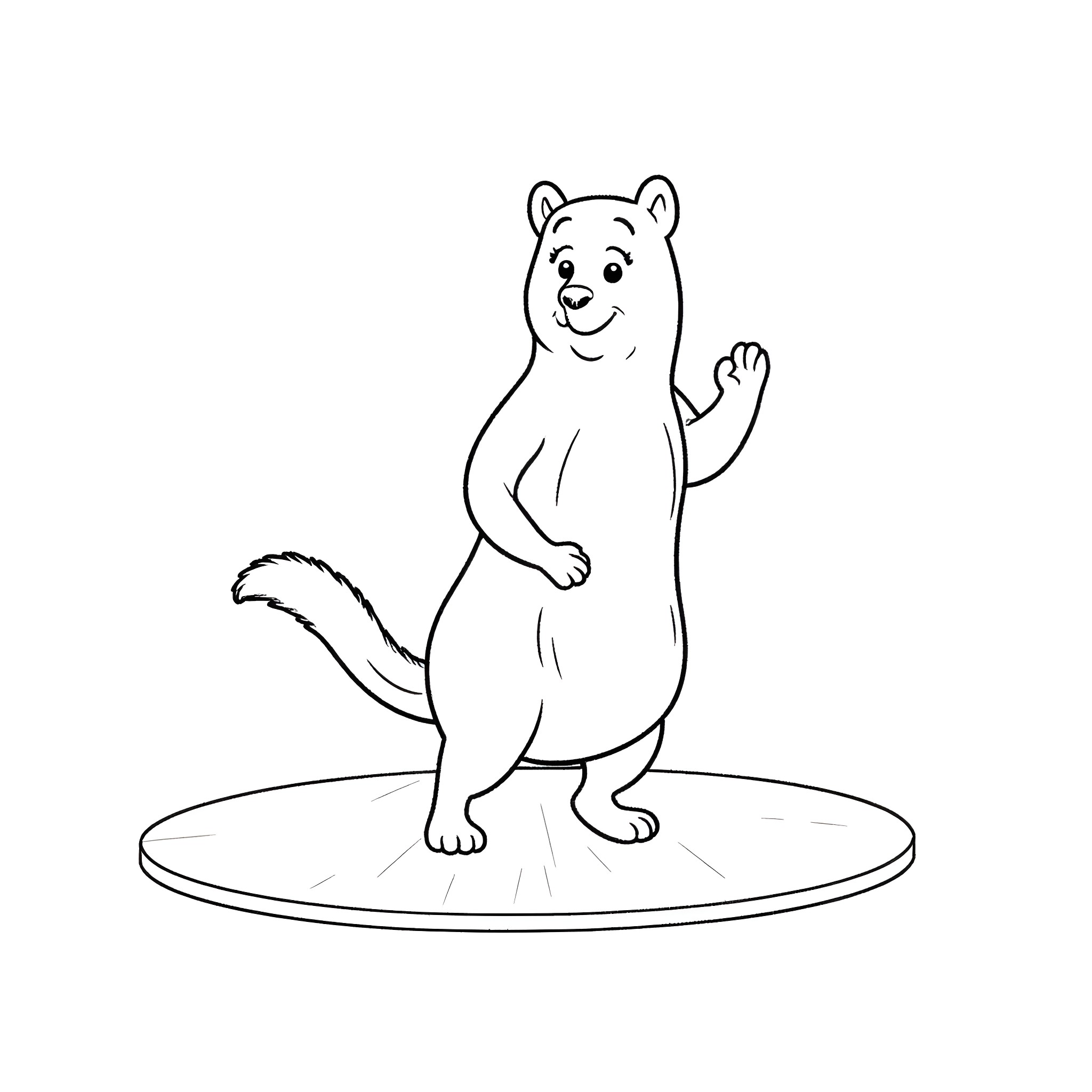 Capybara standing on a platform and waving Coloring Page (free black-and-white line drawing printable PDF for all, from beginners to advanced learners, including children, teens, adults, and seniors)