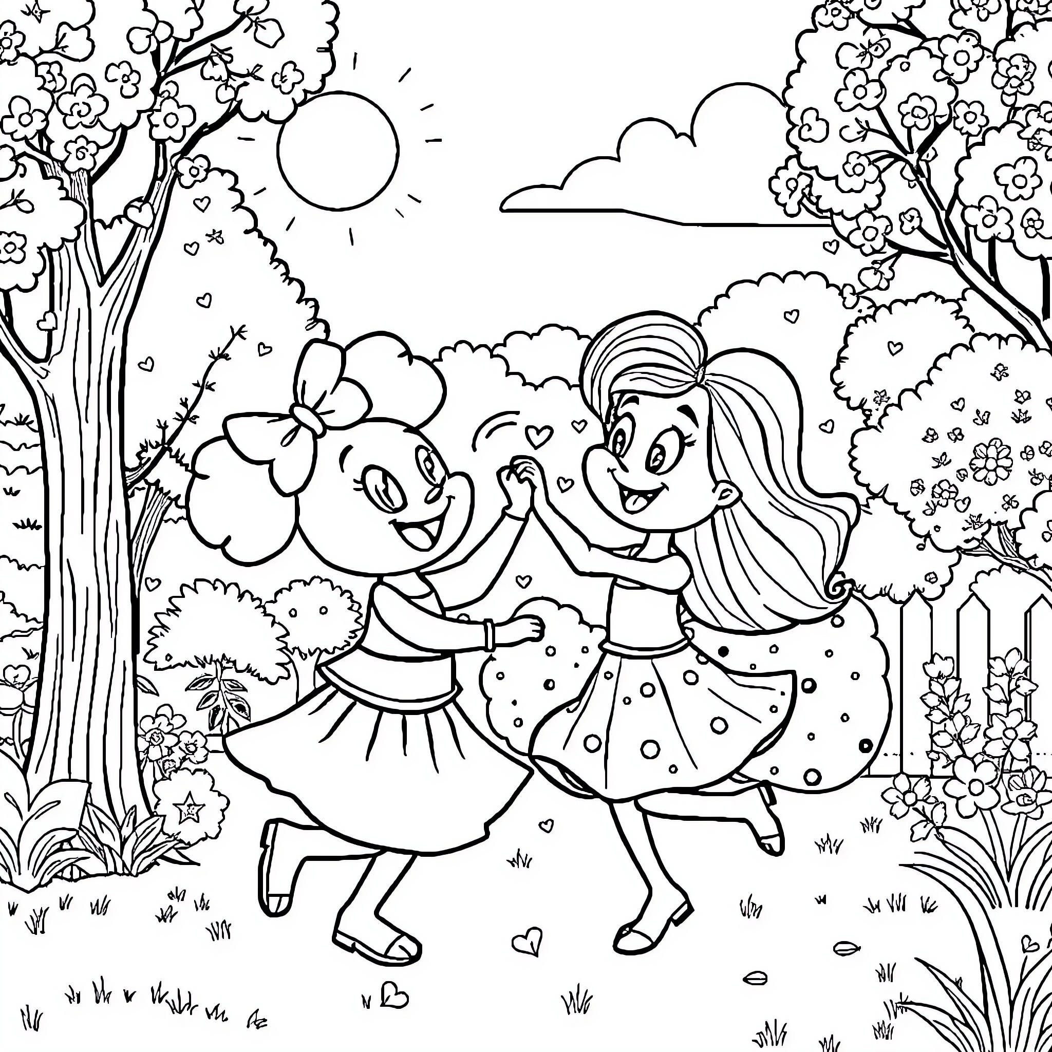 Bluey's Joyful Spring Dance Coloring Page (free black-and-white line drawing printable PDF for all, from beginners to advanced learners, including children, teens, adults, and seniors)