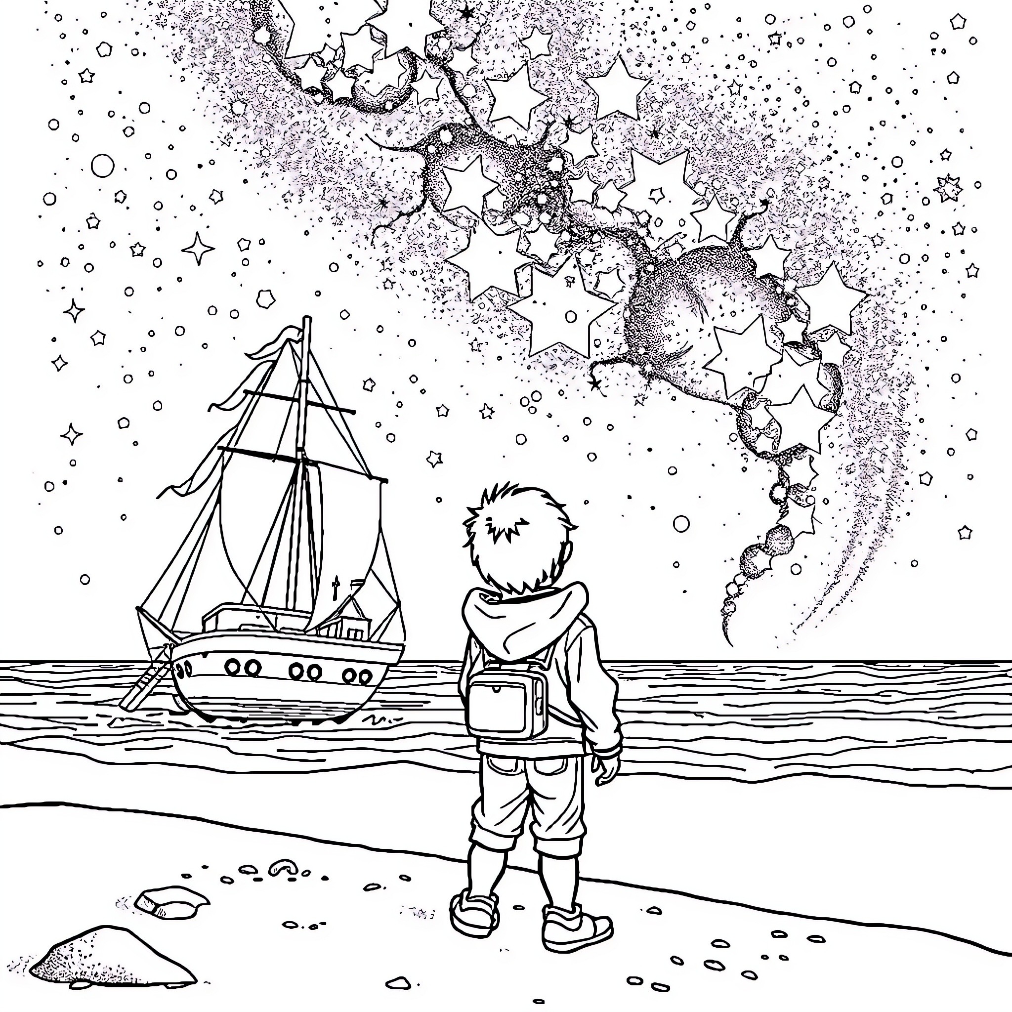 Child gazing at sailing ship in starry night Coloring Page (free black-and-white line drawing printable PDF for all, from beginners to advanced learners, including children, teens, adults, and seniors)