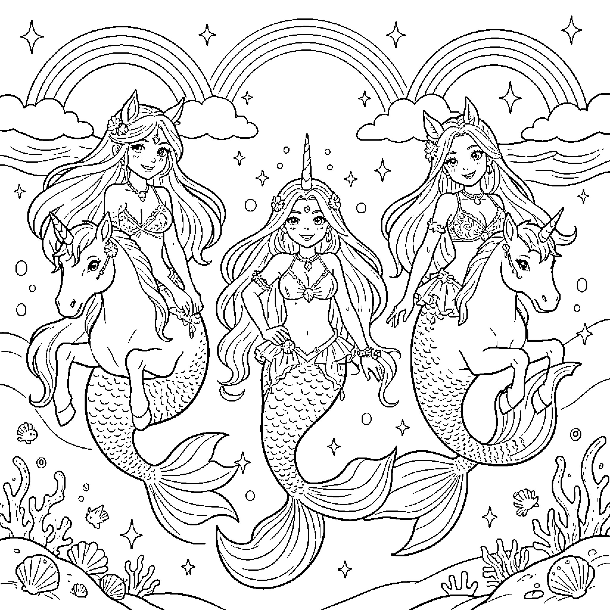 Mermaid characters posing with unicorns under rainbows Coloring Page (free black-and-white line drawing printable PDF for all, from beginners to advanced learners, including children, teens, adults, and seniors)
