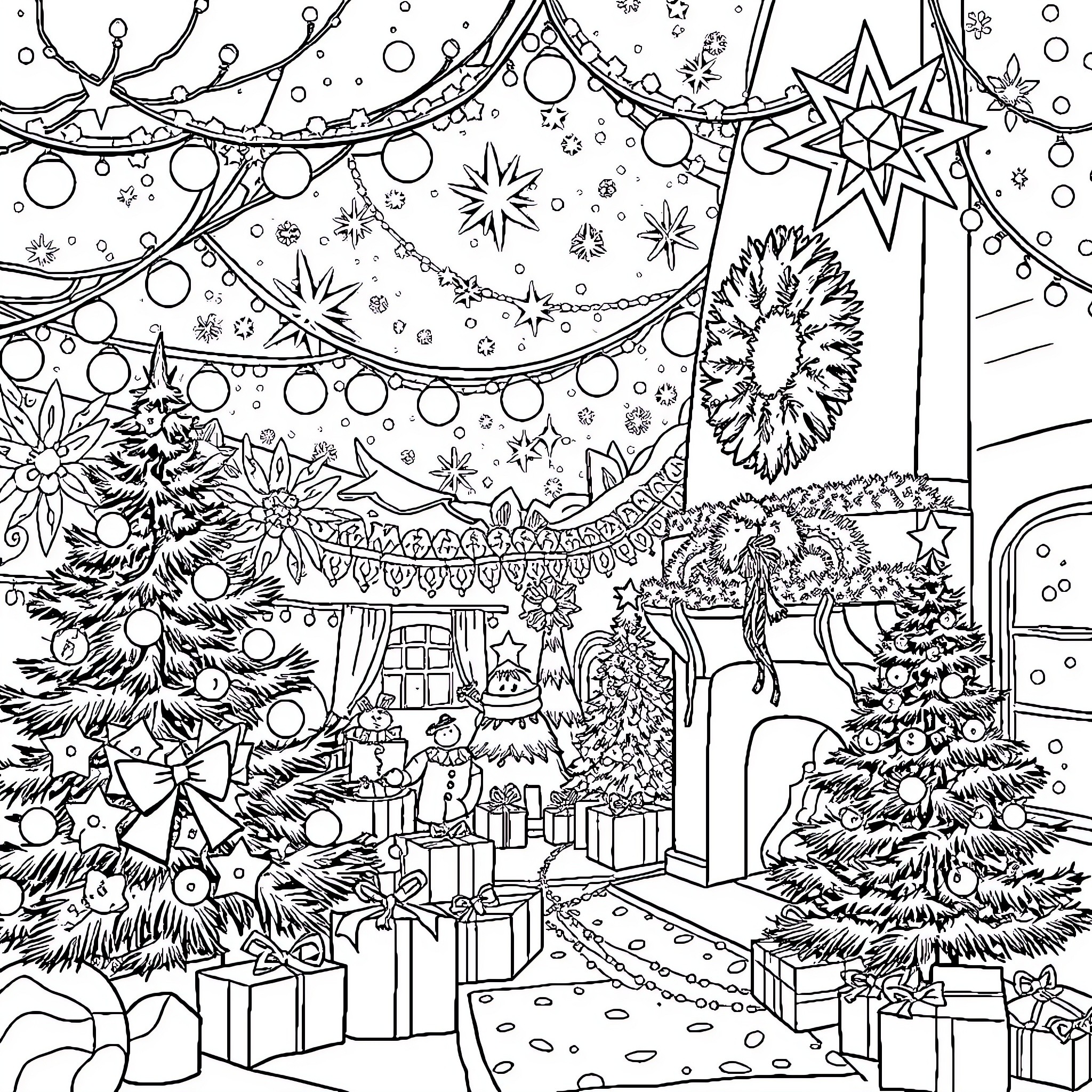 Noel's Winter Wonderland of Festive Decor Coloring Page (free black-and-white line drawing printable PDF for all, from beginners to advanced learners, including children, teens, adults, and seniors)