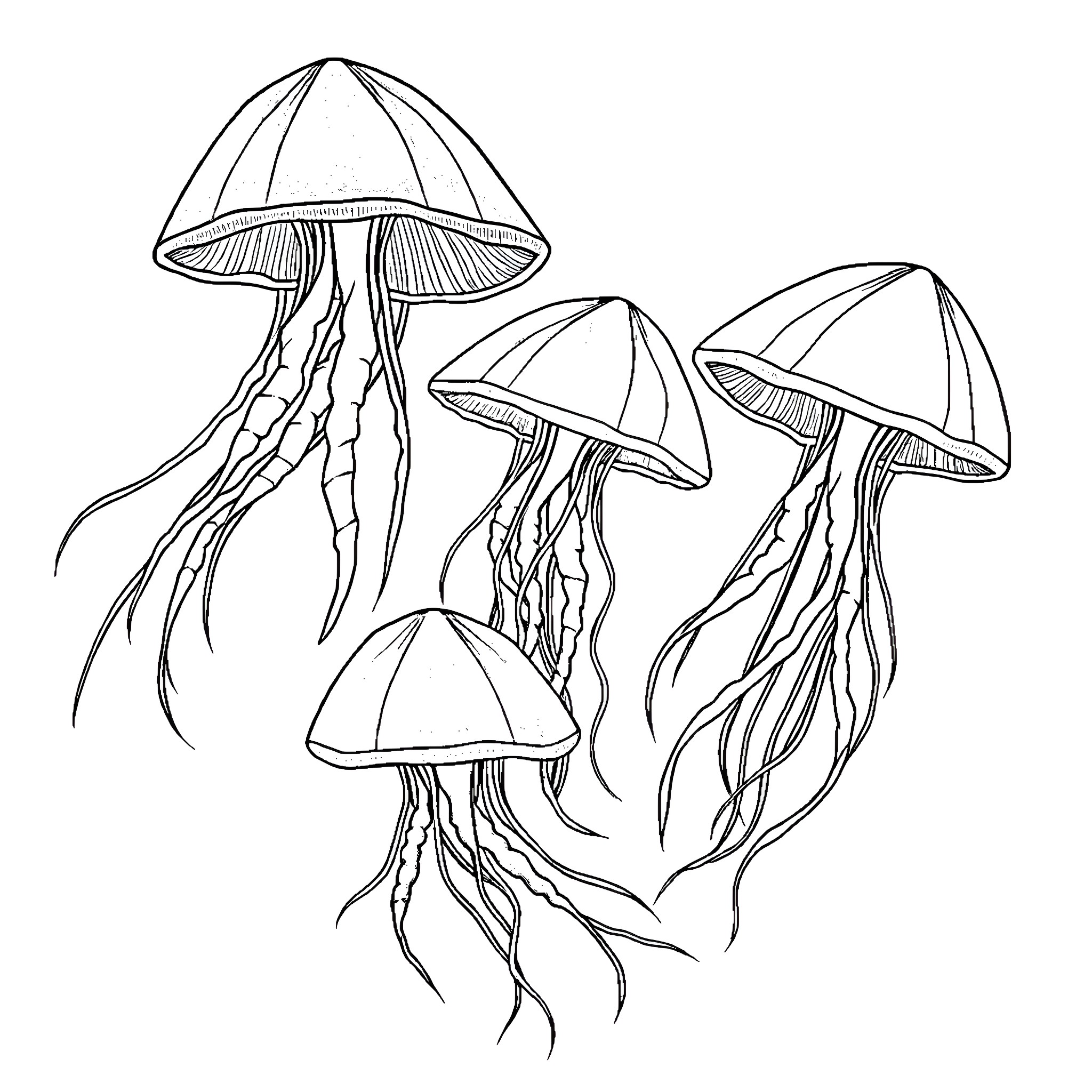 Jellyfish dancing gracefully in the currents Coloring Page (free black-and-white line drawing printable PDF for all, from beginners to advanced learners, including children, teens, adults, and seniors)
