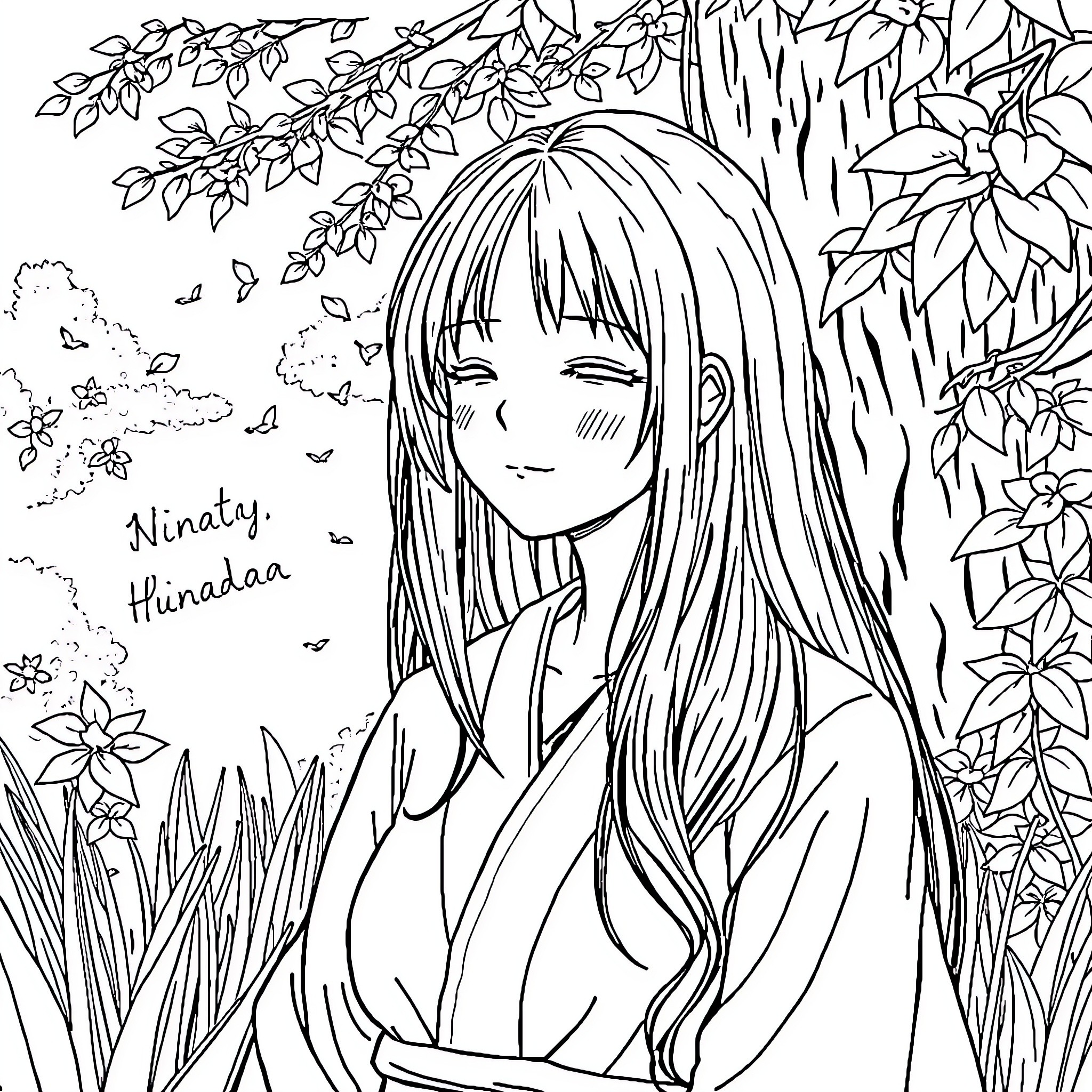 Hinata Enjoying Nature's Beauty Coloring Page (free black-and-white line drawing printable PDF for all, from beginners to advanced learners, including children, teens, adults, and seniors)