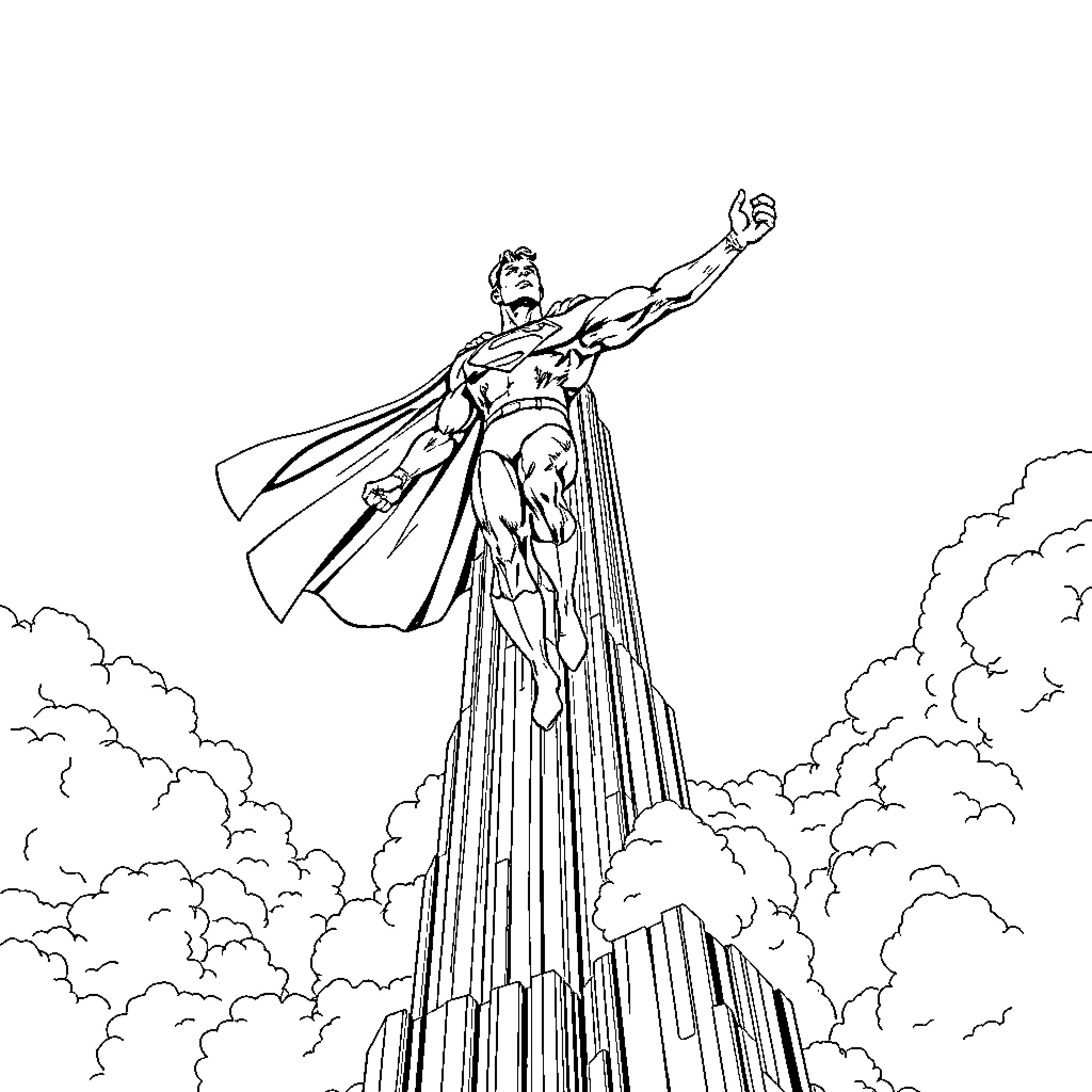 Superman ascending powerfully into the clouds Coloring Page (free black-and-white line drawing printable PDF for all, from beginners to advanced learners, including children, teens, adults, and seniors)
