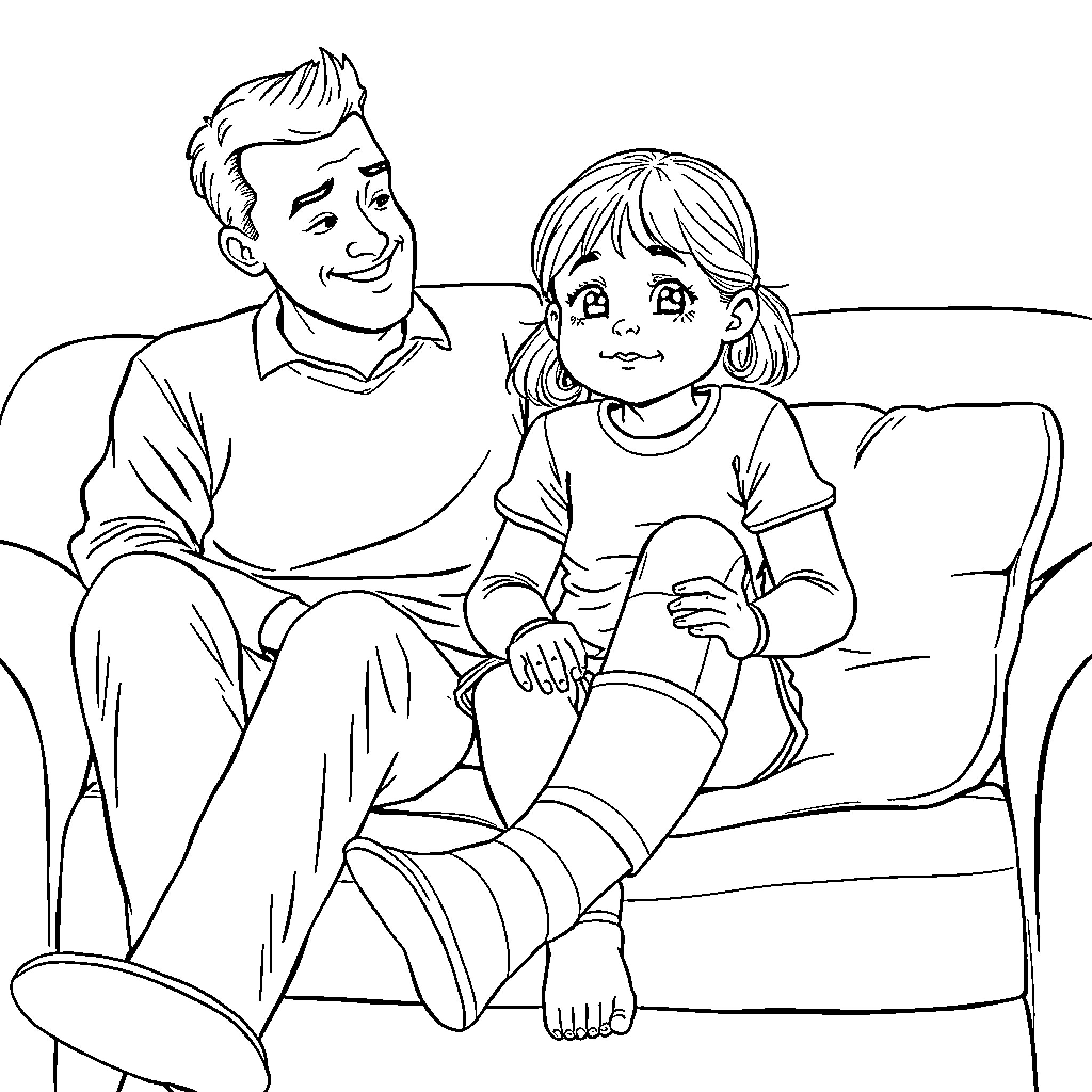 Daughter and father enjoying quality time together Coloring Page (free black-and-white line drawing printable PDF for all, from beginners to advanced learners, including children, teens, adults, and seniors)