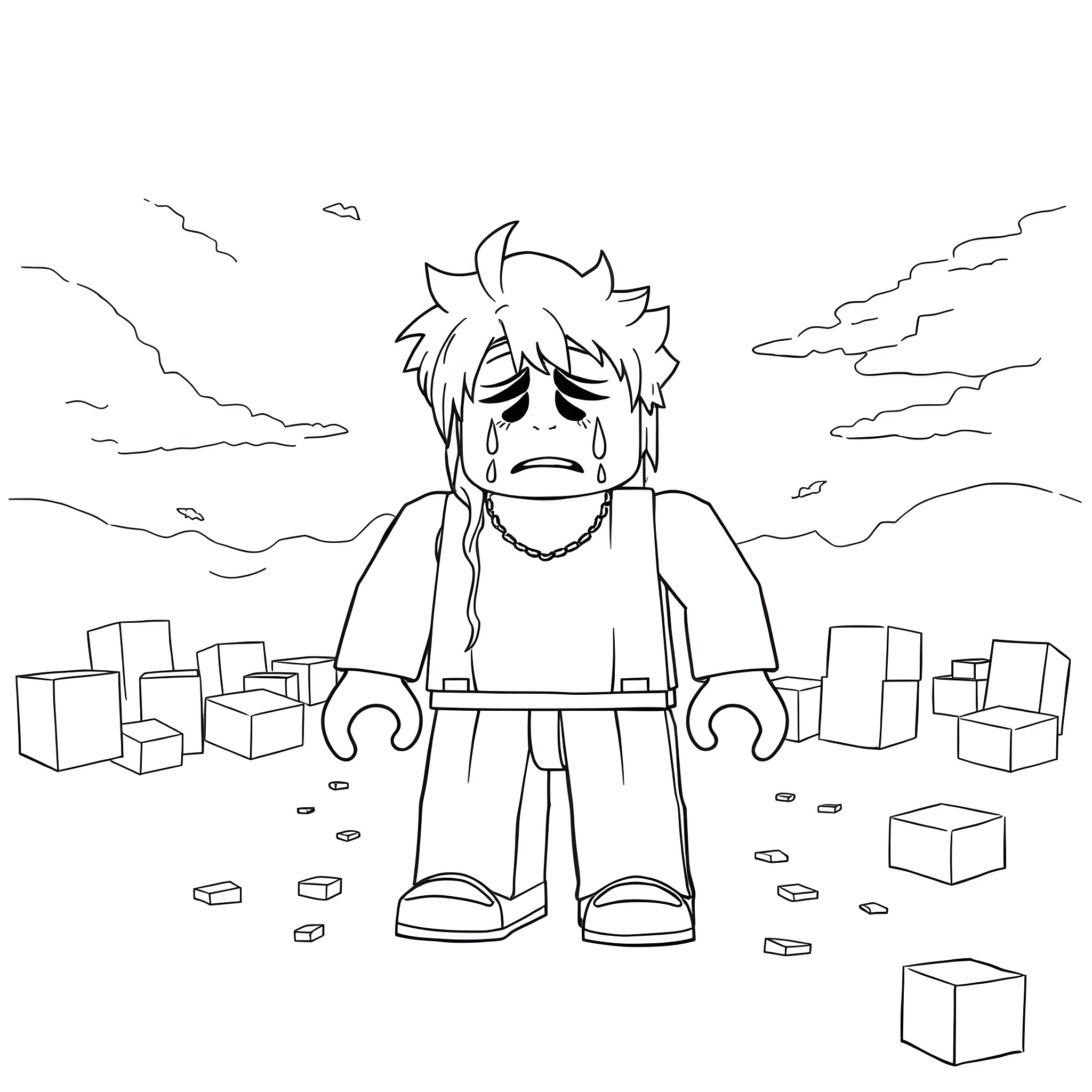 Roblox Character Feeling Sad in a Desolate Landscape Coloring Page (free black-and-white line drawing printable PDF for all, from beginners to advanced learners, including children, teens, adults, and seniors)
