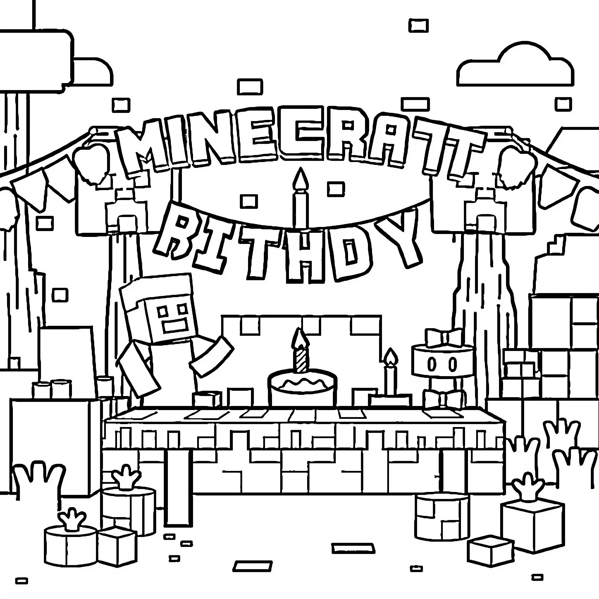 Minecraft Birthday Celebration in the Blocky World Coloring Page (free black-and-white line drawing printable PDF for all, from beginners to advanced learners, including children, teens, adults, and seniors)