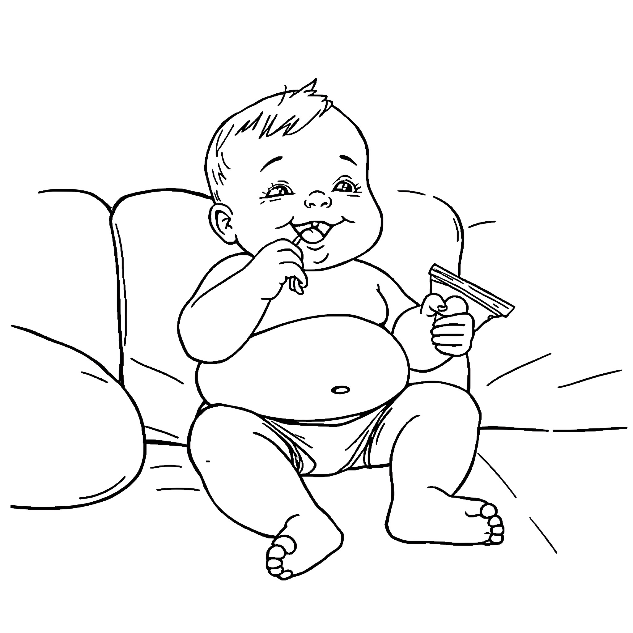 Baby enjoying playful reading time Coloring Page (free black-and-white line drawing printable PDF for all, from beginners to advanced learners, including children, teens, adults, and seniors)