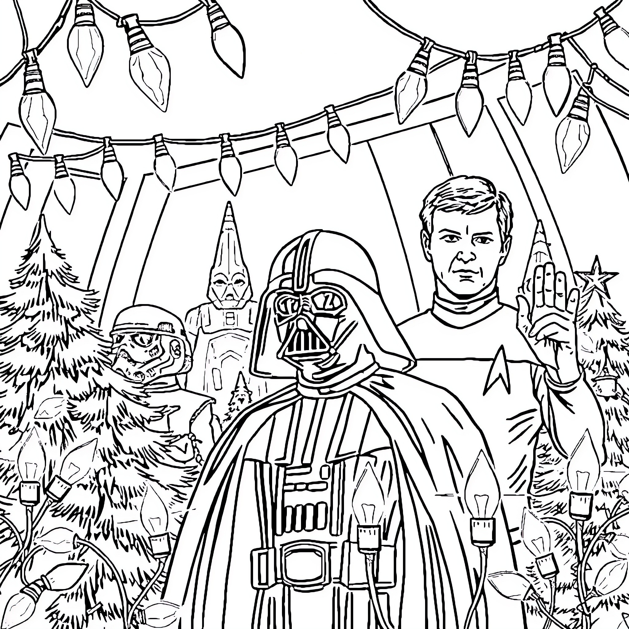 Star Wars and Star Trek characters in festive scene Coloring Page (free black-and-white line drawing printable PDF for all, from beginners to advanced learners, including children, teens, adults, and seniors)