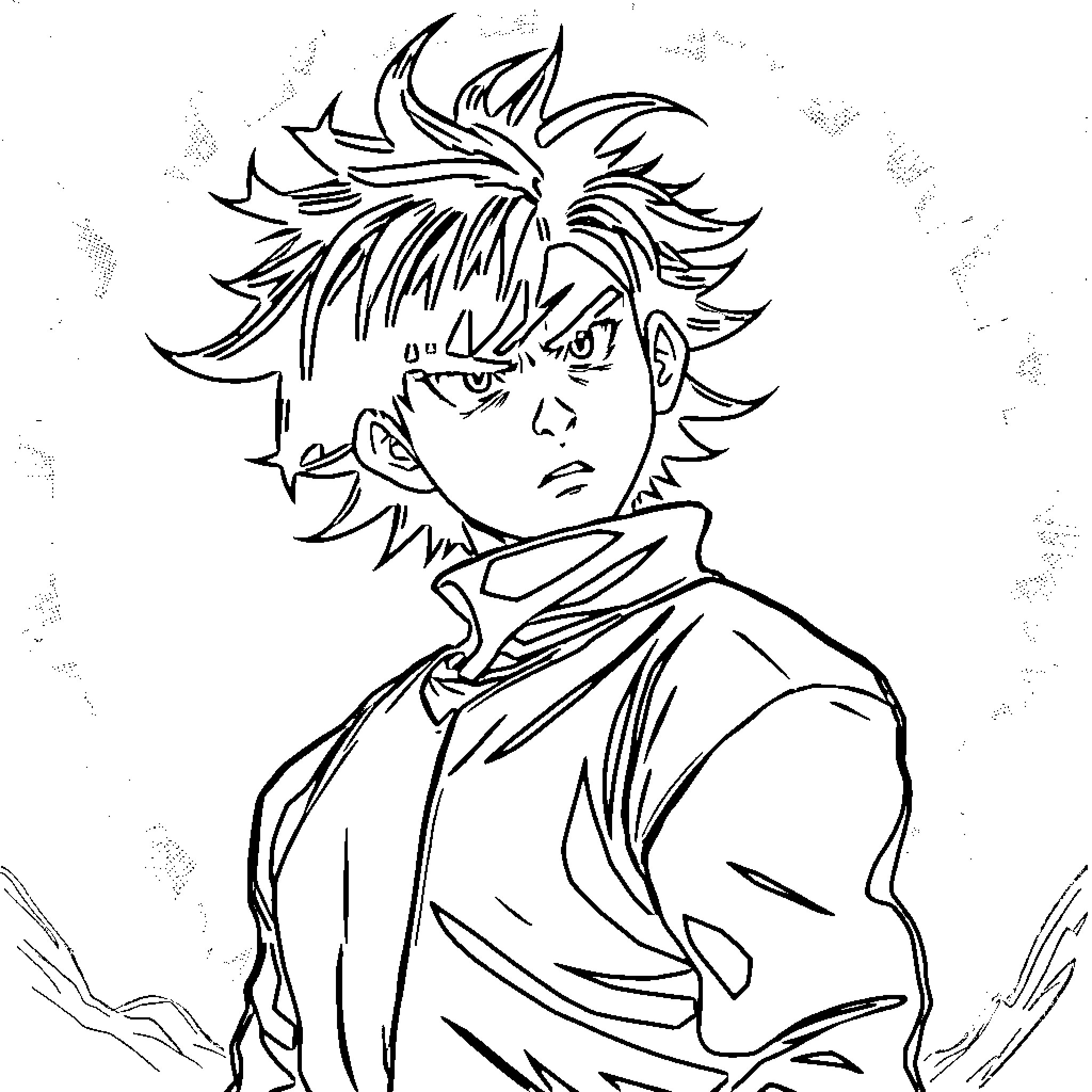 Sung Jin Woo's determined expression Coloring Page (free black-and-white line drawing printable PDF for all, from beginners to advanced learners, including children, teens, adults, and seniors)