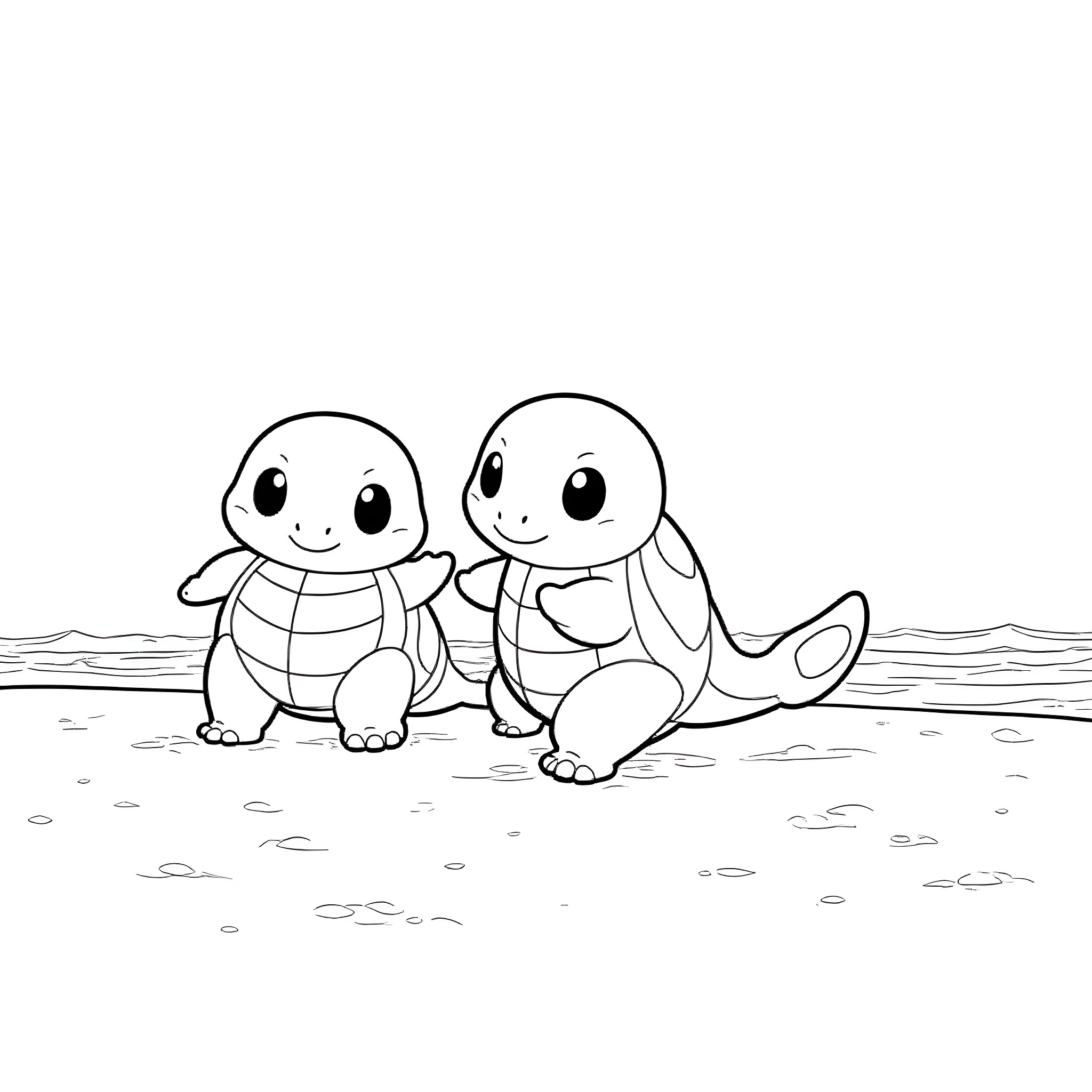 Squirtle and friend exploring the outdoors Coloring Page (free black-and-white line drawing printable PDF for all, from beginners to advanced learners, including children, teens, adults, and seniors)