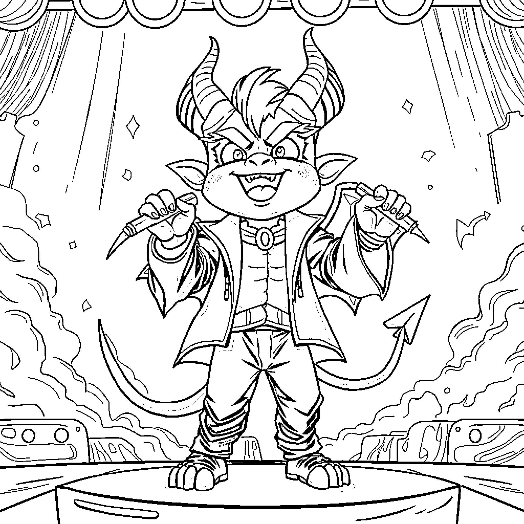 Demon Creature Performing on Stage Coloring Page (free black-and-white line drawing printable PDF for all, from beginners to advanced learners, including children, teens, adults, and seniors)