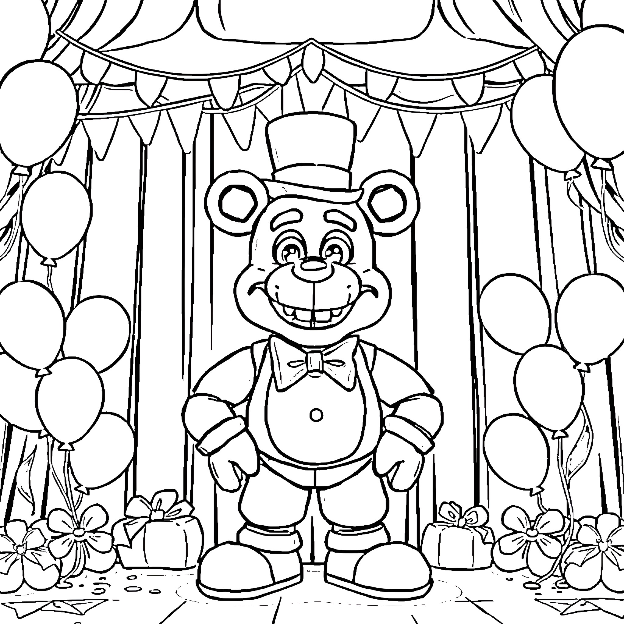Freddy Fazbear in a Festive Celebration Coloring Page (free black-and-white line drawing printable PDF for all, from beginners to advanced learners, including children, teens, adults, and seniors)