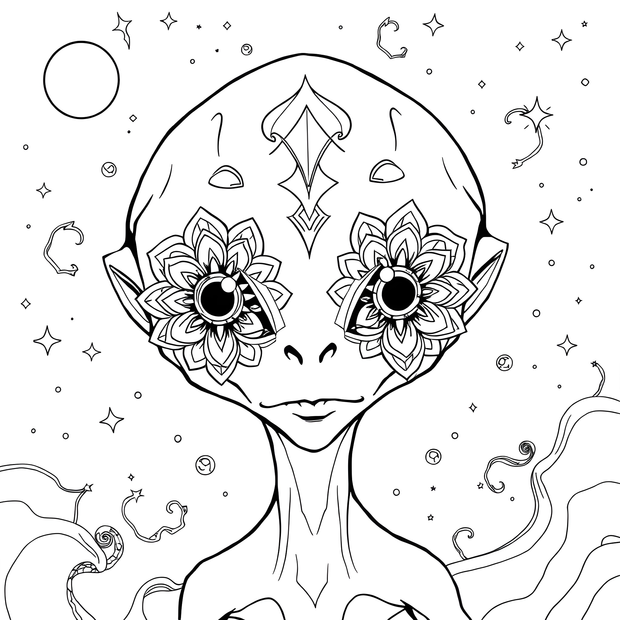 Alien figure with mystical floral designs and cosmic elements Coloring Page (free black-and-white line drawing printable PDF for all, from beginners to advanced learners, including children, teens, adults, and seniors)