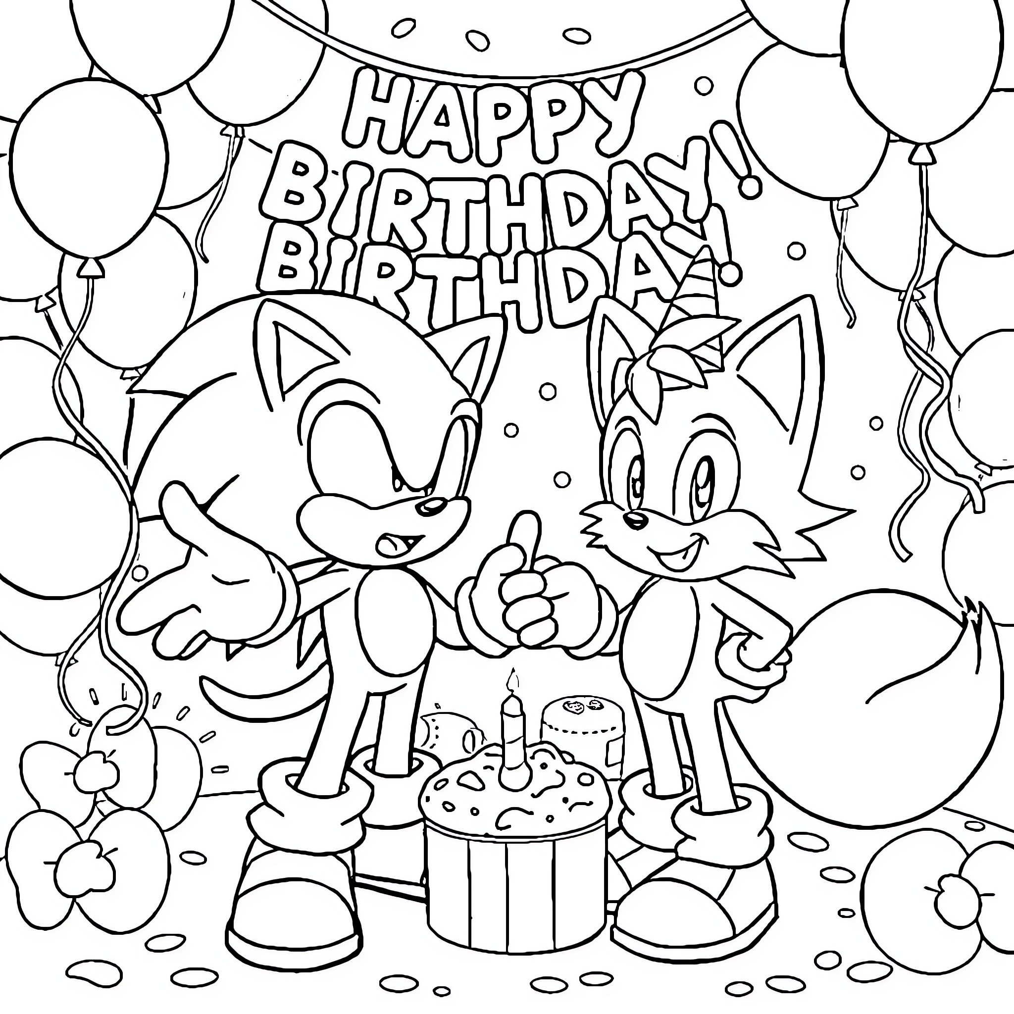 Sonic characters celebrating a happy birthday Coloring Page (free black-and-white line drawing printable PDF for all, from beginners to advanced learners, including children, teens, adults, and seniors)