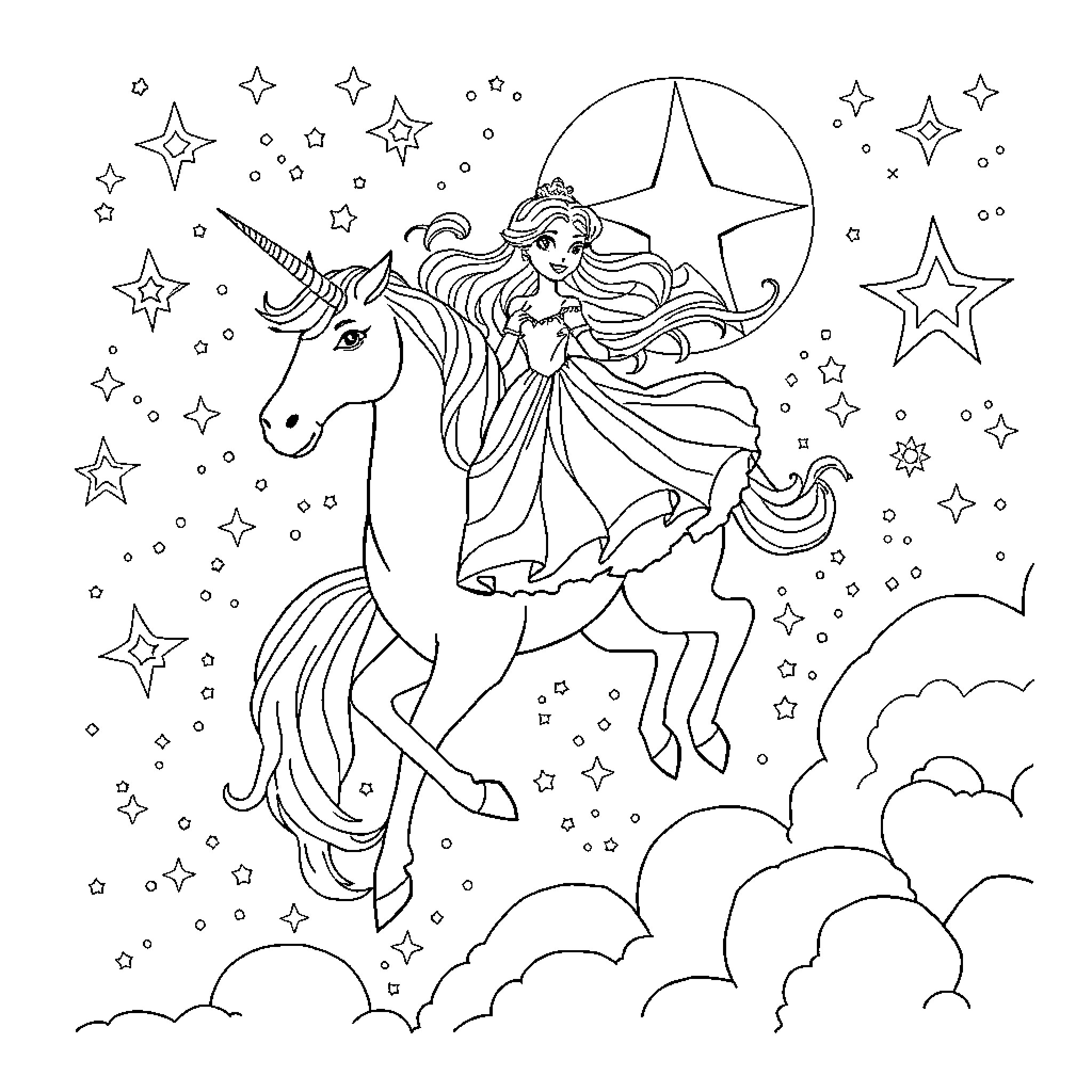 Princess riding a magical unicorn in starry skies Coloring Page (free black-and-white line drawing printable PDF for all, from beginners to advanced learners, including children, teens, adults, and seniors)
