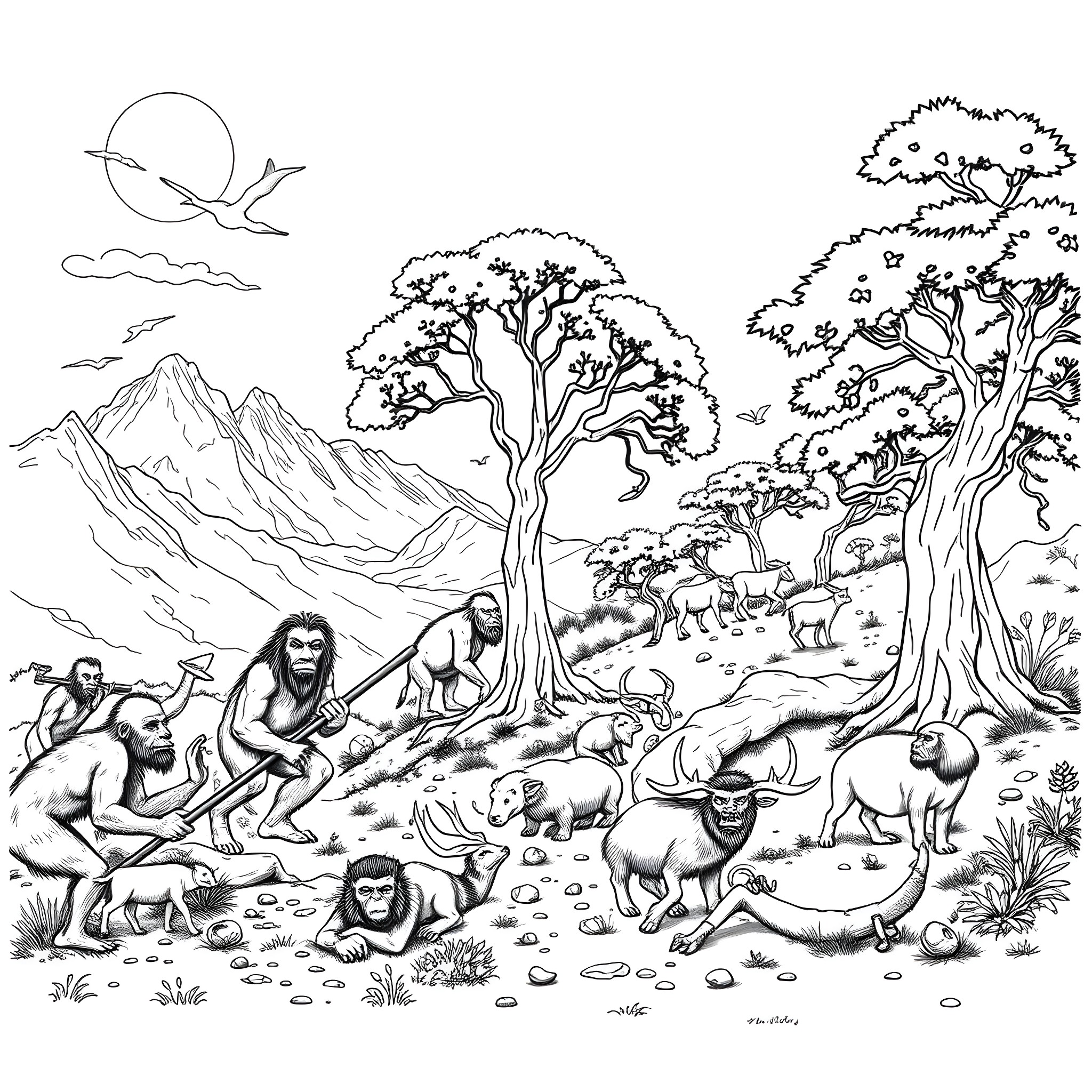 Neanderthal Tribe Gathering in the Mountainous Landscape Coloring Page (free black-and-white line drawing printable PDF for all, from beginners to advanced learners, including children, teens, adults, and seniors)