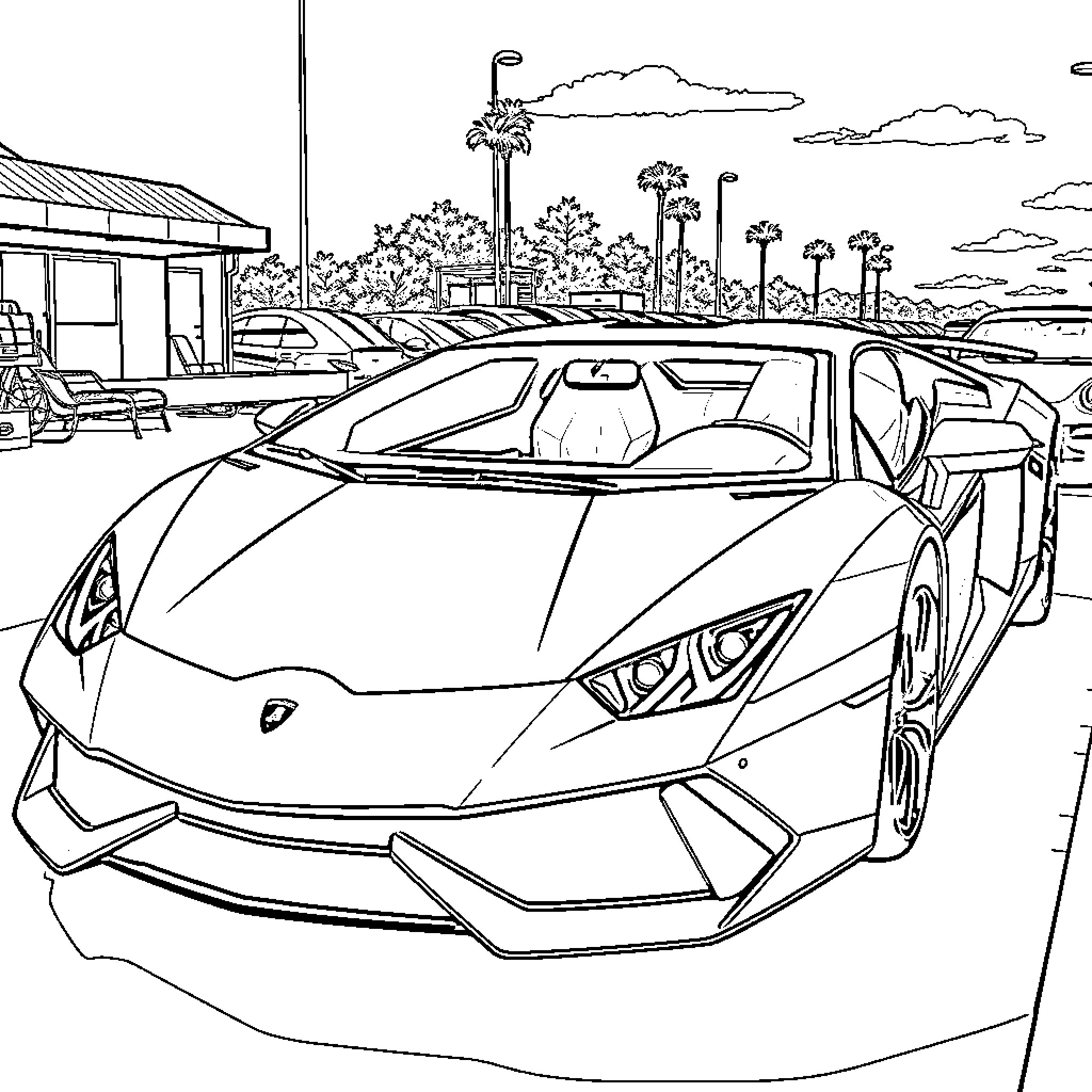 Lamborghini sports car in tropical scenery Coloring Page (free black-and-white line drawing printable PDF for all, from beginners to advanced learners, including children, teens, adults, and seniors)