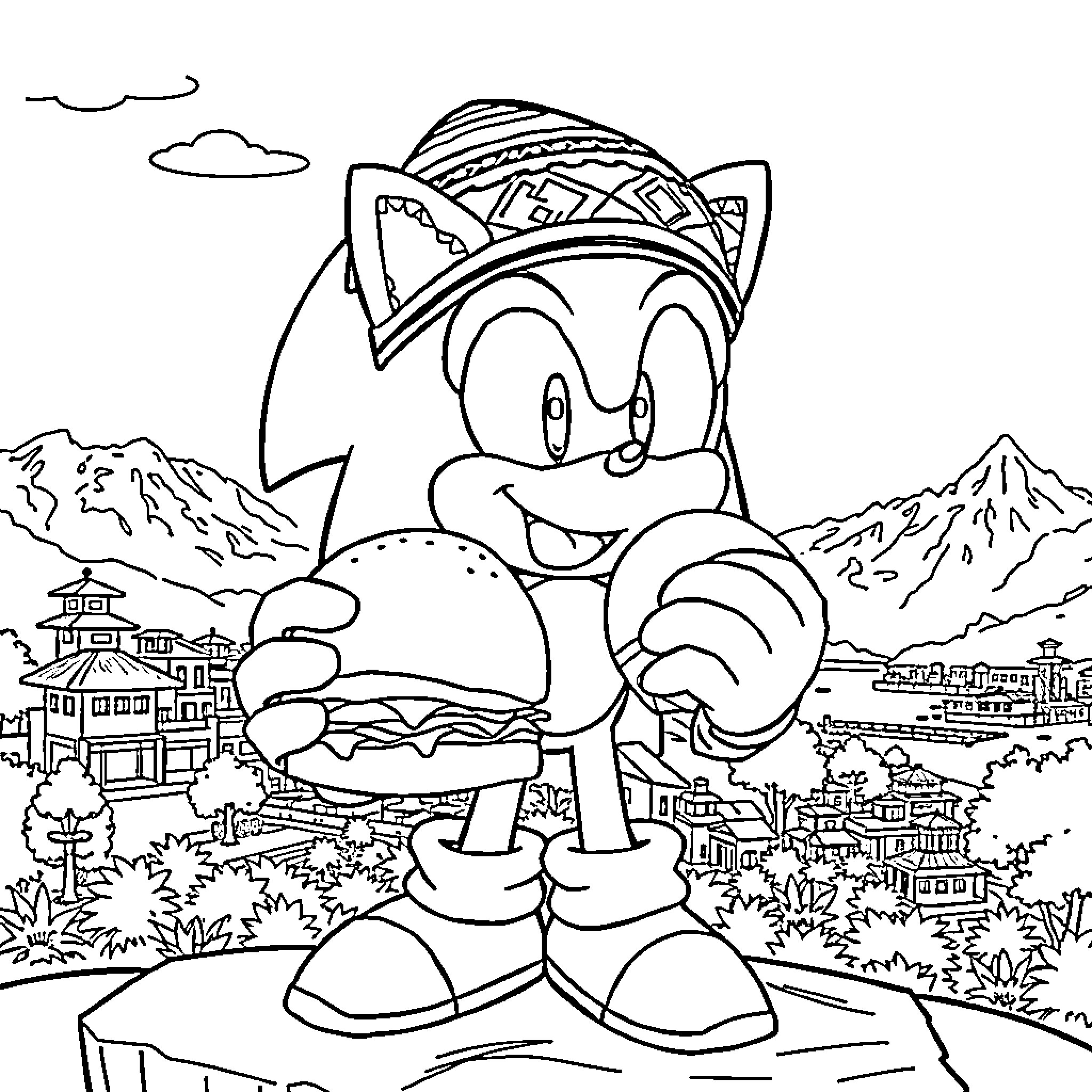 Sonic Exploring Vibrant Landscape with Village Coloring Page (free black-and-white line drawing printable PDF for all, from beginners to advanced learners, including children, teens, adults, and seniors)