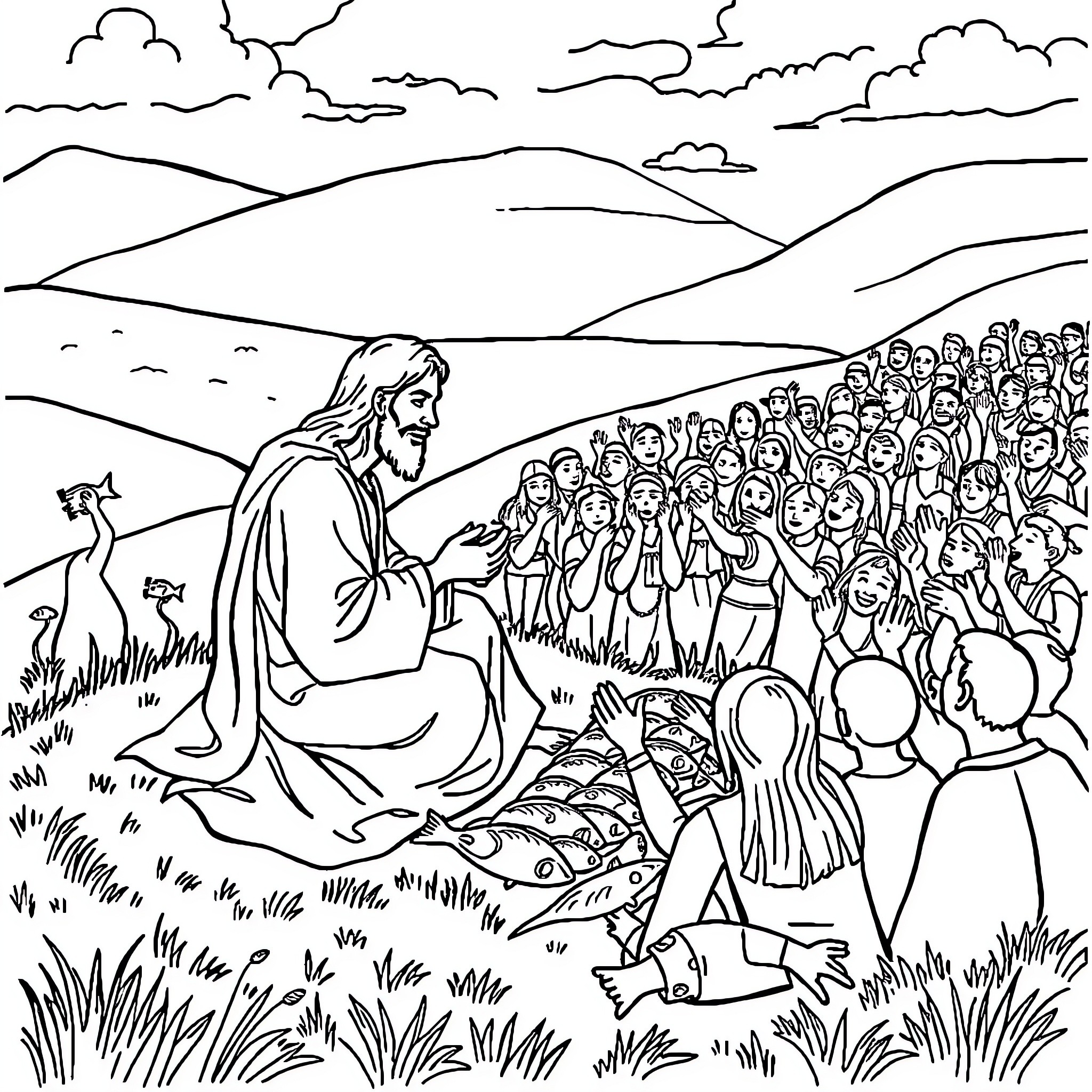Jesus Teaching the Crowd on the Hillside Coloring Page (free black-and-white line drawing printable PDF for all, from beginners to advanced learners, including children, teens, adults, and seniors)