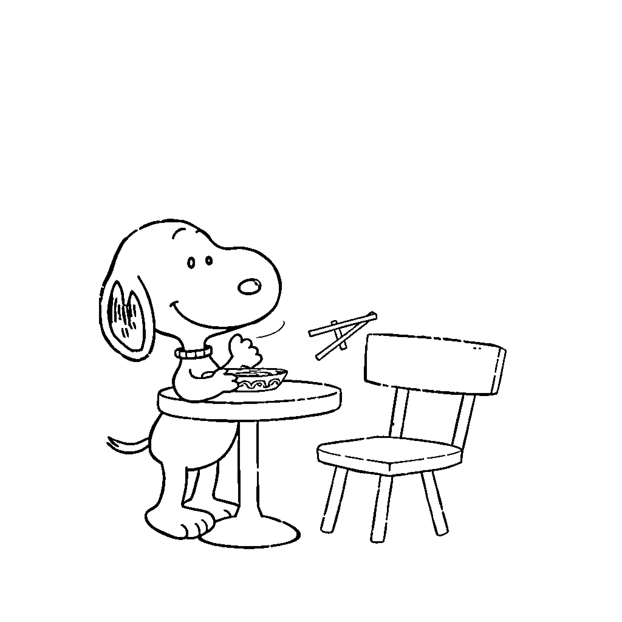 Snoopy enjoys a tasty meal at the table Coloring Page (free black-and-white line drawing printable PDF for all, from beginners to advanced learners, including children, teens, adults, and seniors)