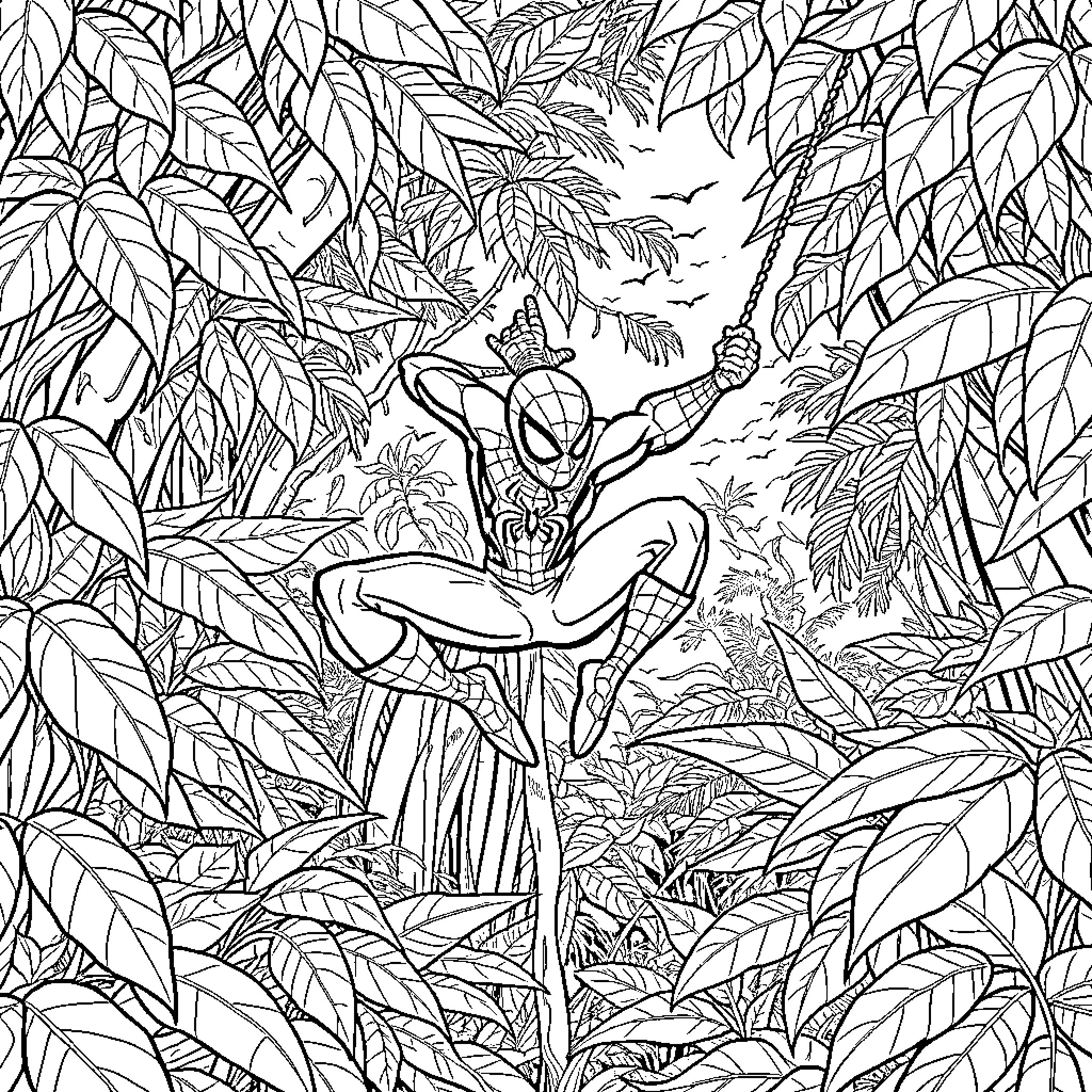 Spiderman swinging through the jungle Coloring Page (free black-and-white line drawing printable PDF for all, from beginners to advanced learners, including children, teens, adults, and seniors)