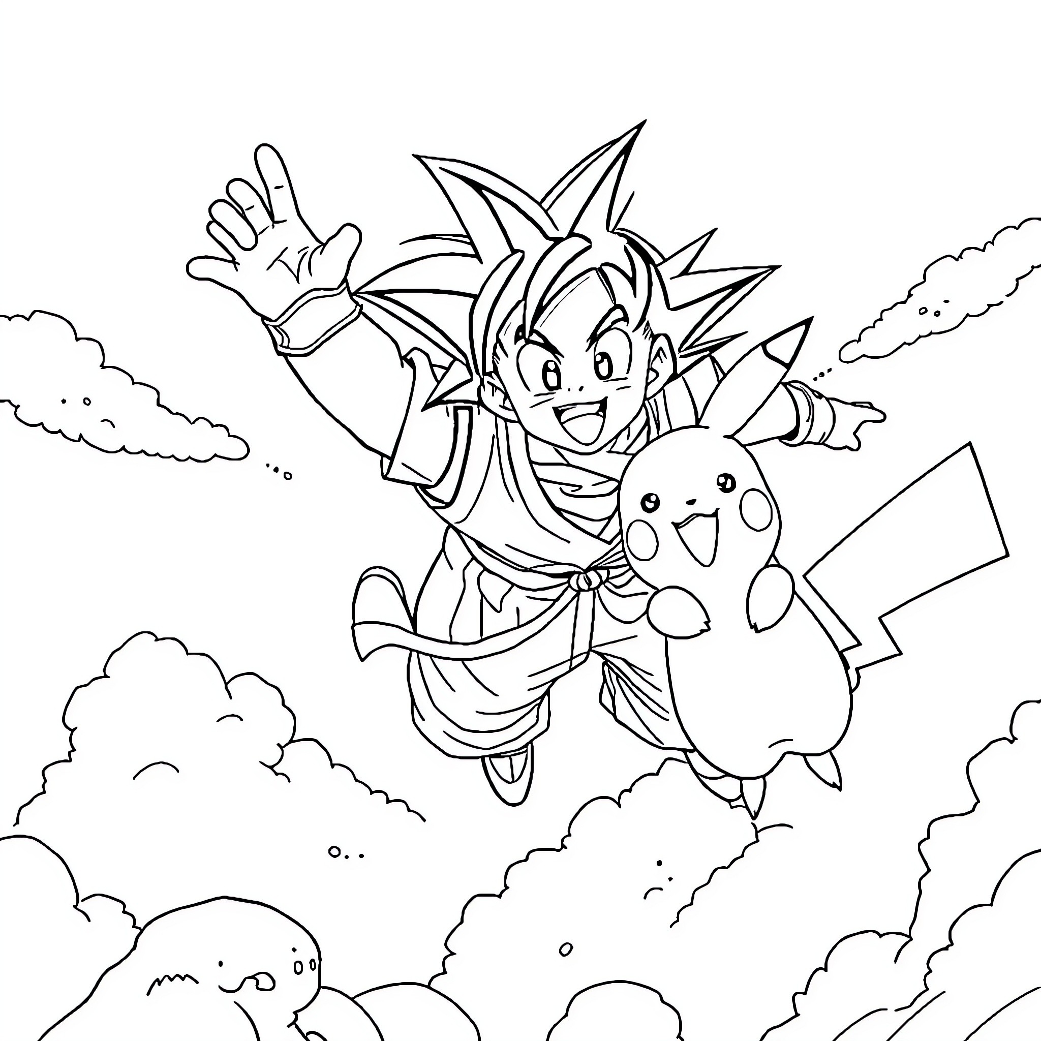 Dragon Ball Protagonist Waving Excitedly with Pikachu Coloring Page (free black-and-white line drawing printable PDF for all, from beginners to advanced learners, including children, teens, adults, and seniors)