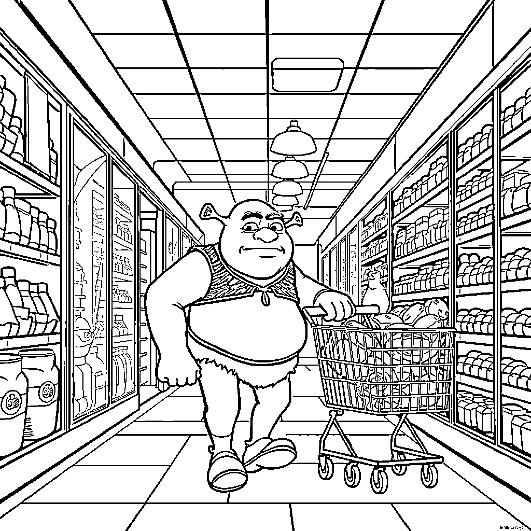 Shrek shopping in the grocery store Coloring Page (free black-and-white line drawing printable PDF for all, from beginners to advanced learners, including children, teens, adults, and seniors)
