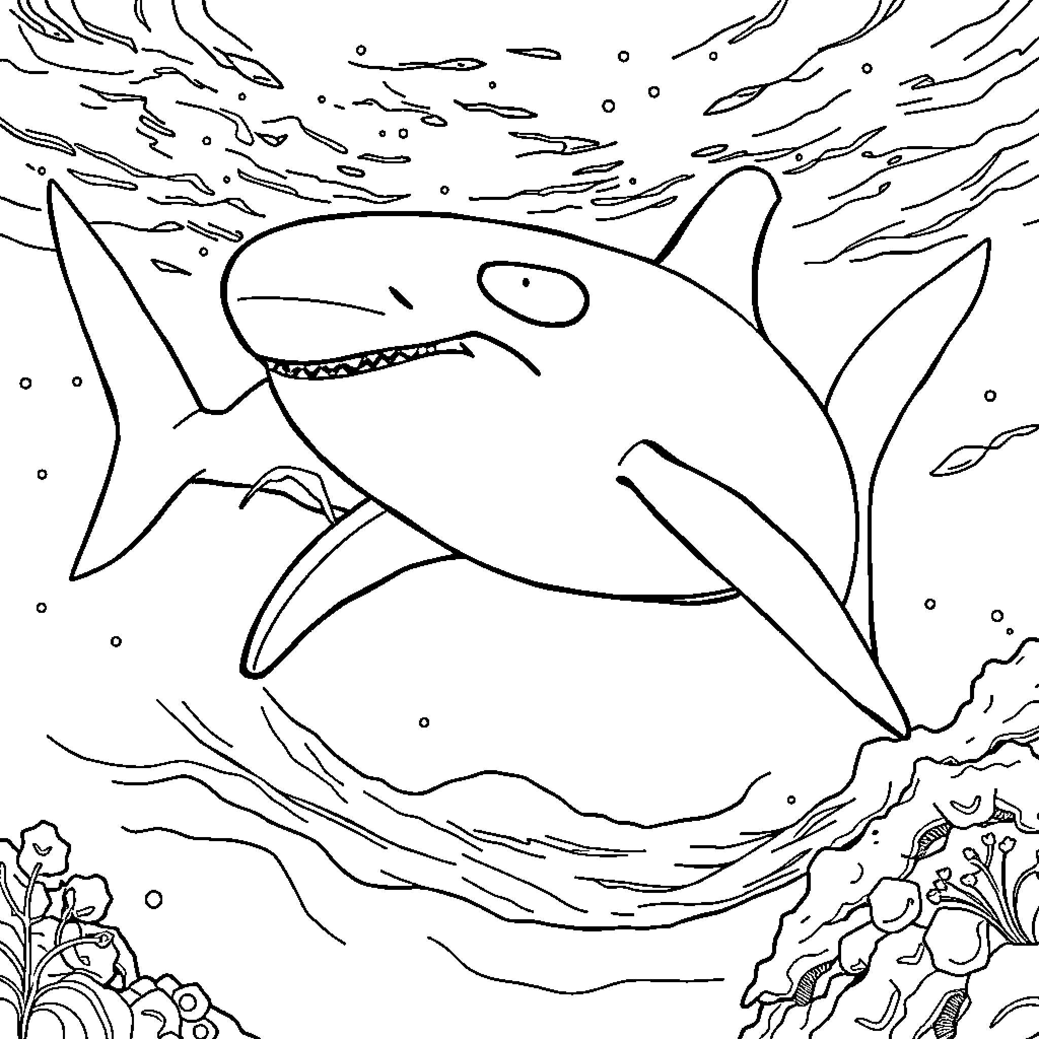Shark swimming in the ocean Coloring Page (free black-and-white line drawing printable PDF for all, from beginners to advanced learners, including children, teens, adults, and seniors)