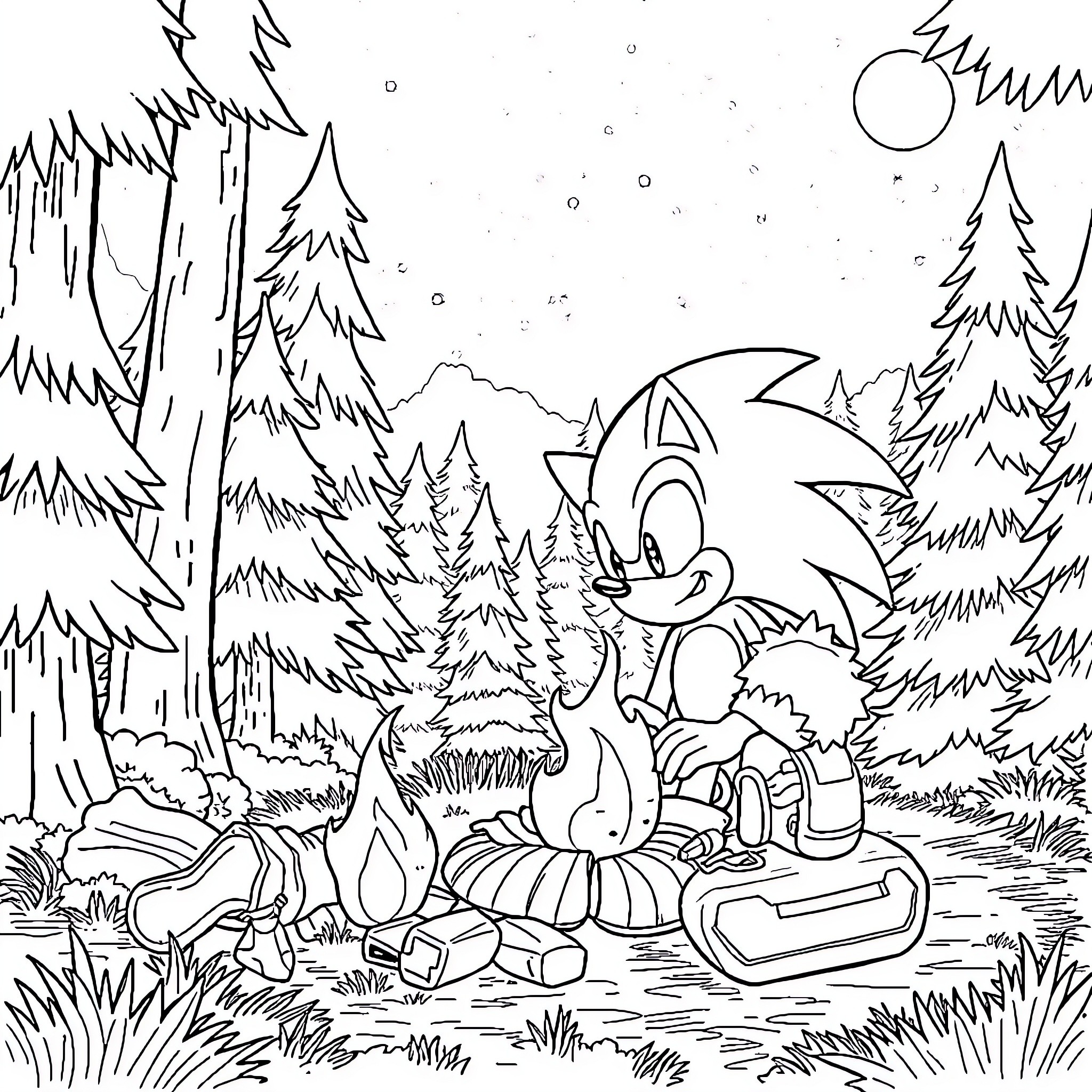 Sonic exploring the snowy forest landscape Coloring Page (free black-and-white line drawing printable PDF for all, from beginners to advanced learners, including children, teens, adults, and seniors)