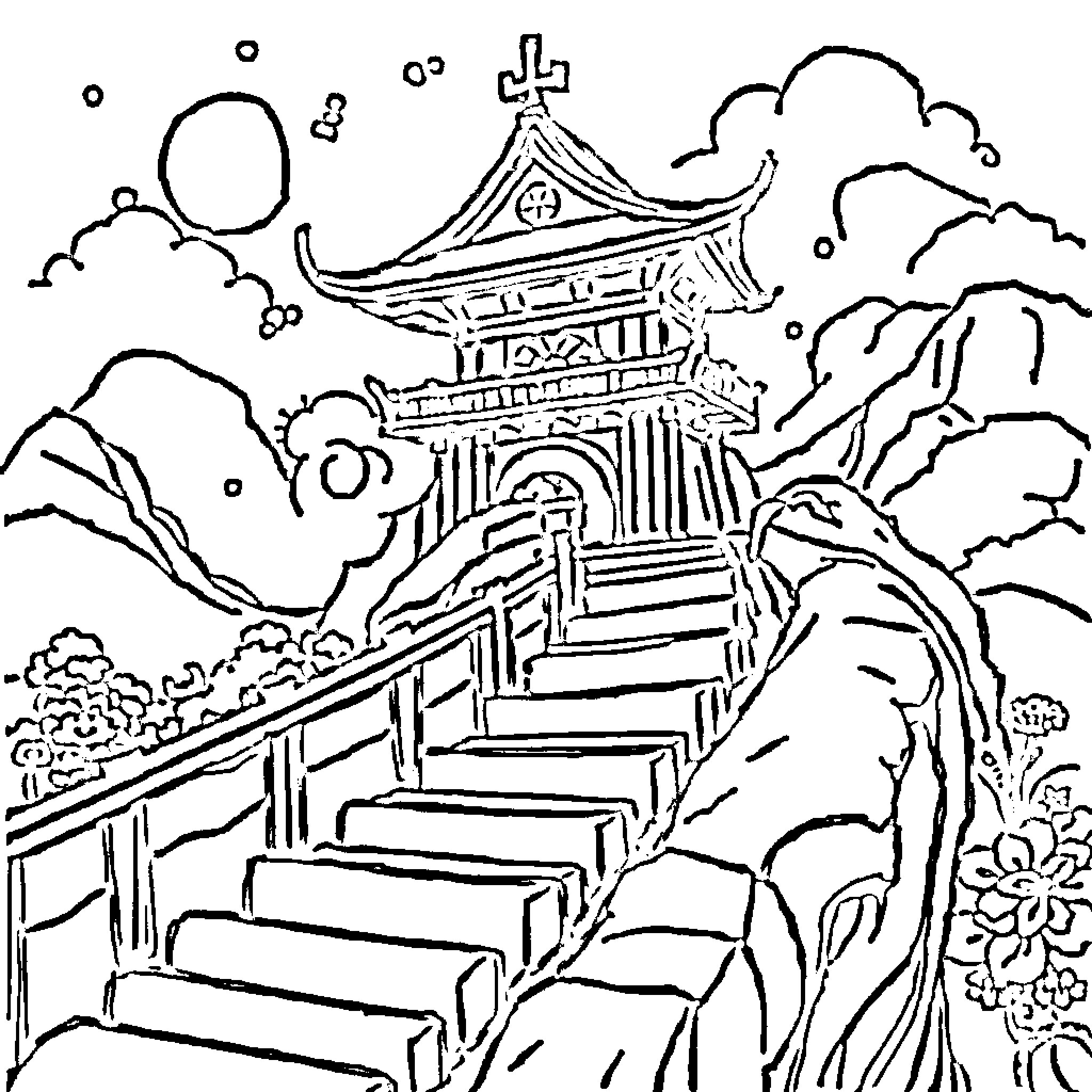 田The Majestic Pagoda in the Serene Landscape Coloring Page (free black-and-white line drawing printable PDF for all, from beginners to advanced learners, including children, teens, adults, and seniors)