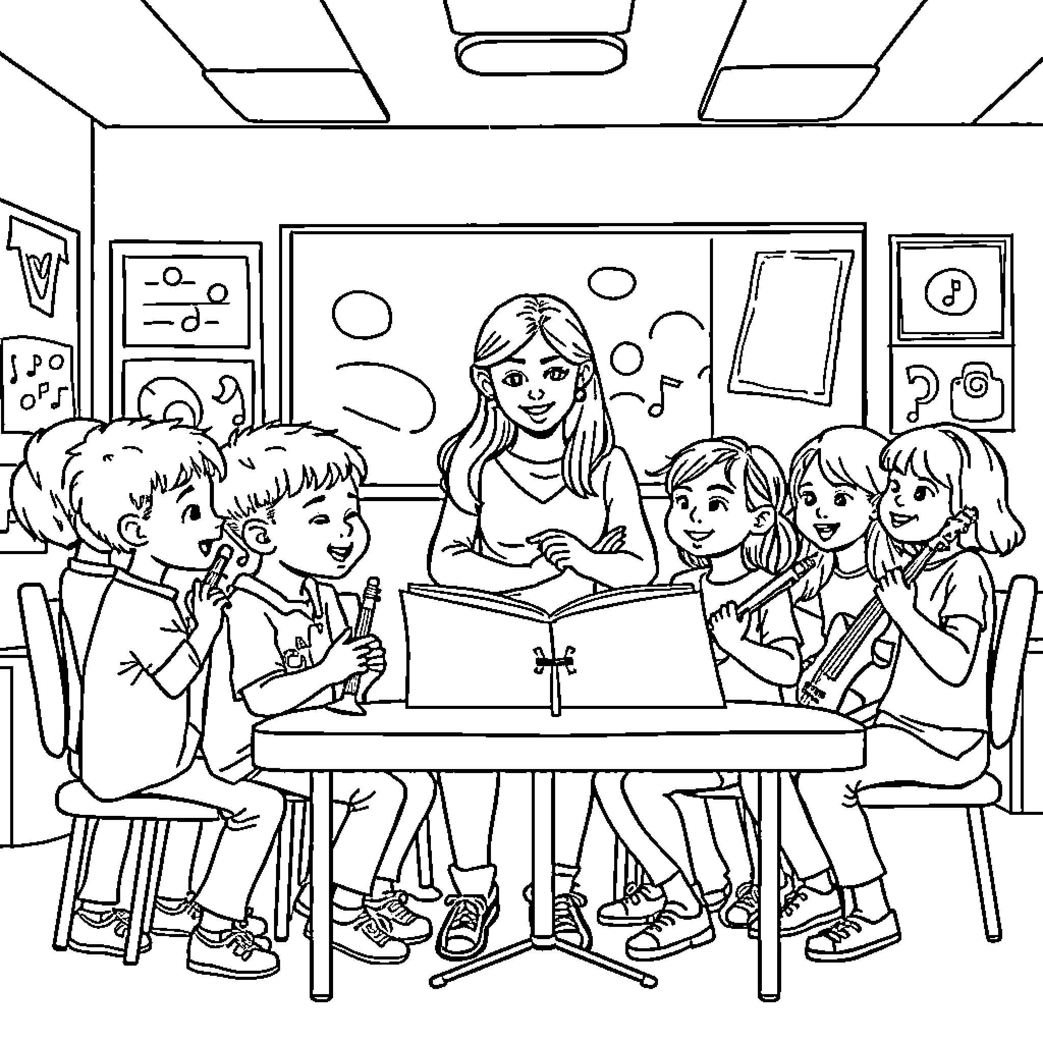 Child learning with classmates in the classroom Coloring Page (free black-and-white line drawing printable PDF for all, from beginners to advanced learners, including children, teens, adults, and seniors)