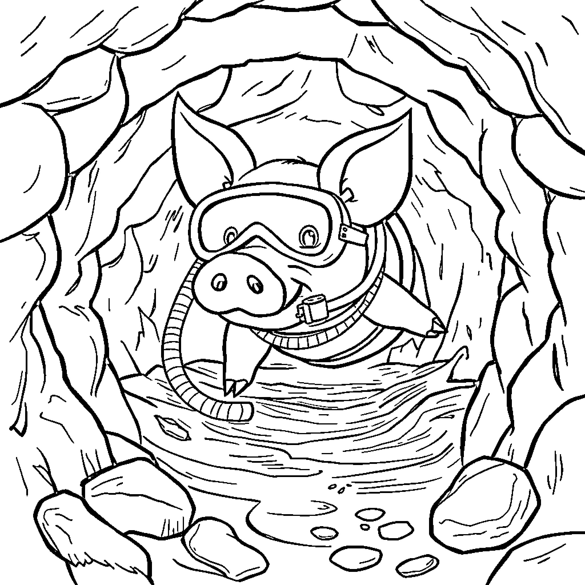 Pig exploring a cave with protective gear Coloring Page (free black-and-white line drawing printable PDF for all, from beginners to advanced learners, including children, teens, adults, and seniors)