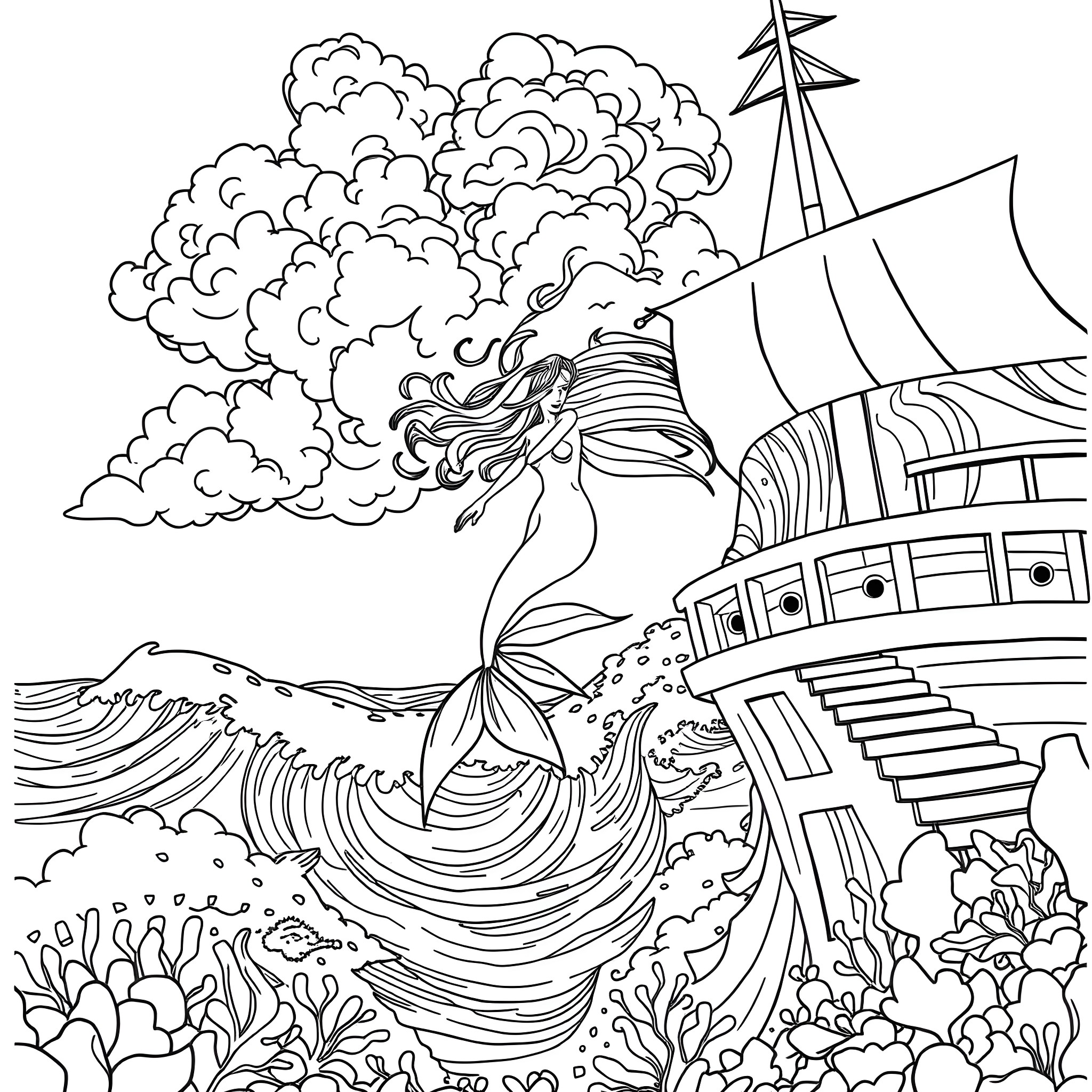 Mermaid Enchanting a Sailing Ship Coloring Page (free black-and-white line drawing printable PDF for all, from beginners to advanced learners, including children, teens, adults, and seniors)