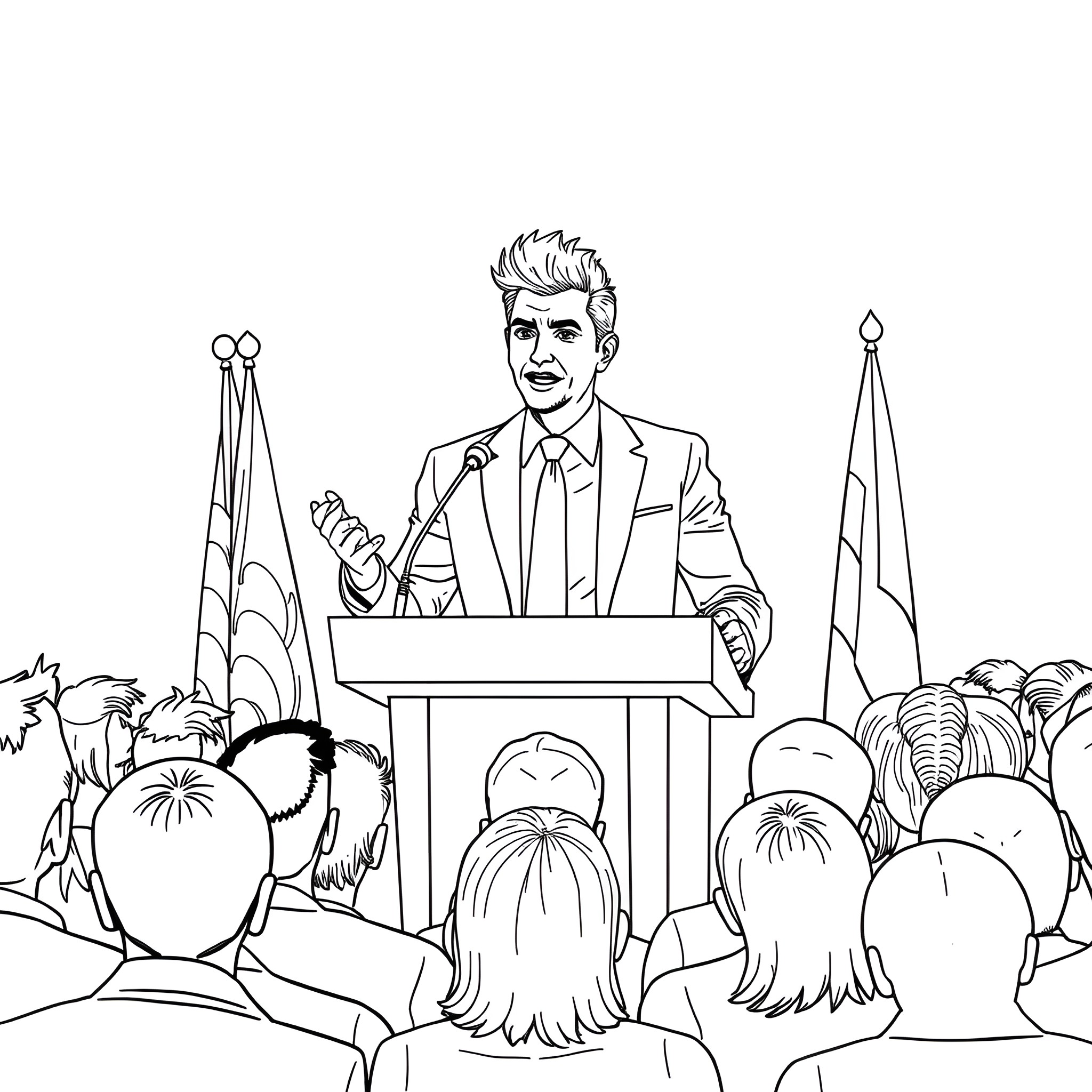 Trump Delivering Passionate Speech to Attentive Audience Coloring Page (free black-and-white line drawing printable PDF for all, from beginners to advanced learners, including children, teens, adults, and seniors)