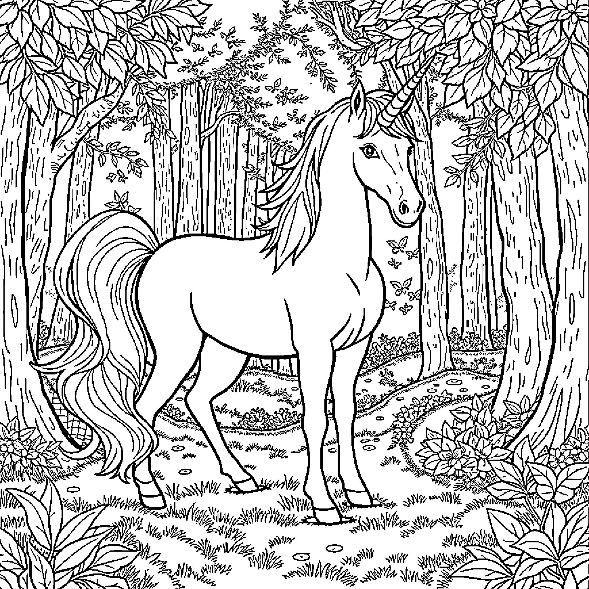 Unicorn Standing in Enchanted Forest Coloring Page (free black-and-white line drawing printable PDF for all, from beginners to advanced learners, including children, teens, adults, and seniors)