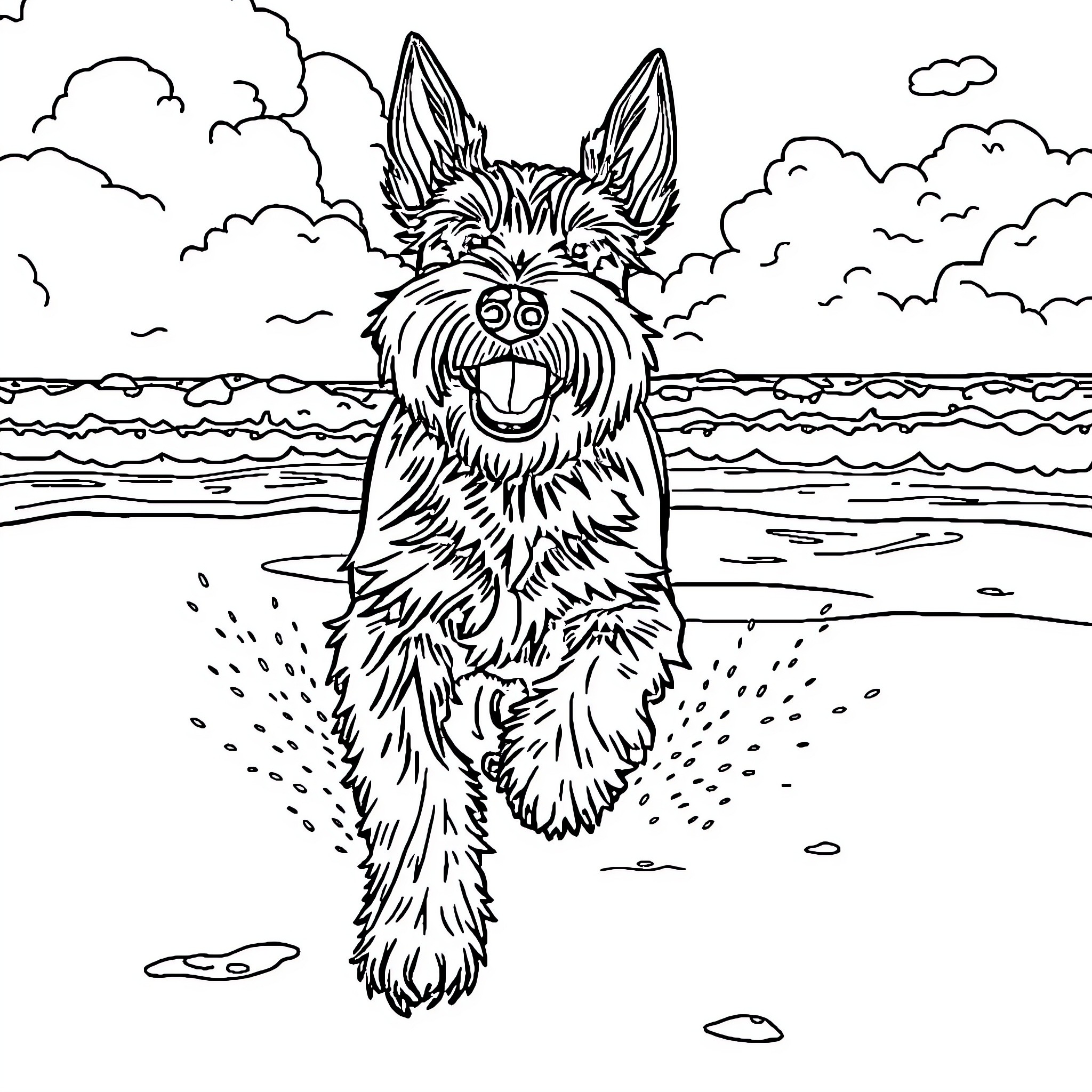 Schnauzer frolicking cheerfully on the beach Coloring Page (free black-and-white line drawing printable PDF for all, from beginners to advanced learners, including children, teens, adults, and seniors)