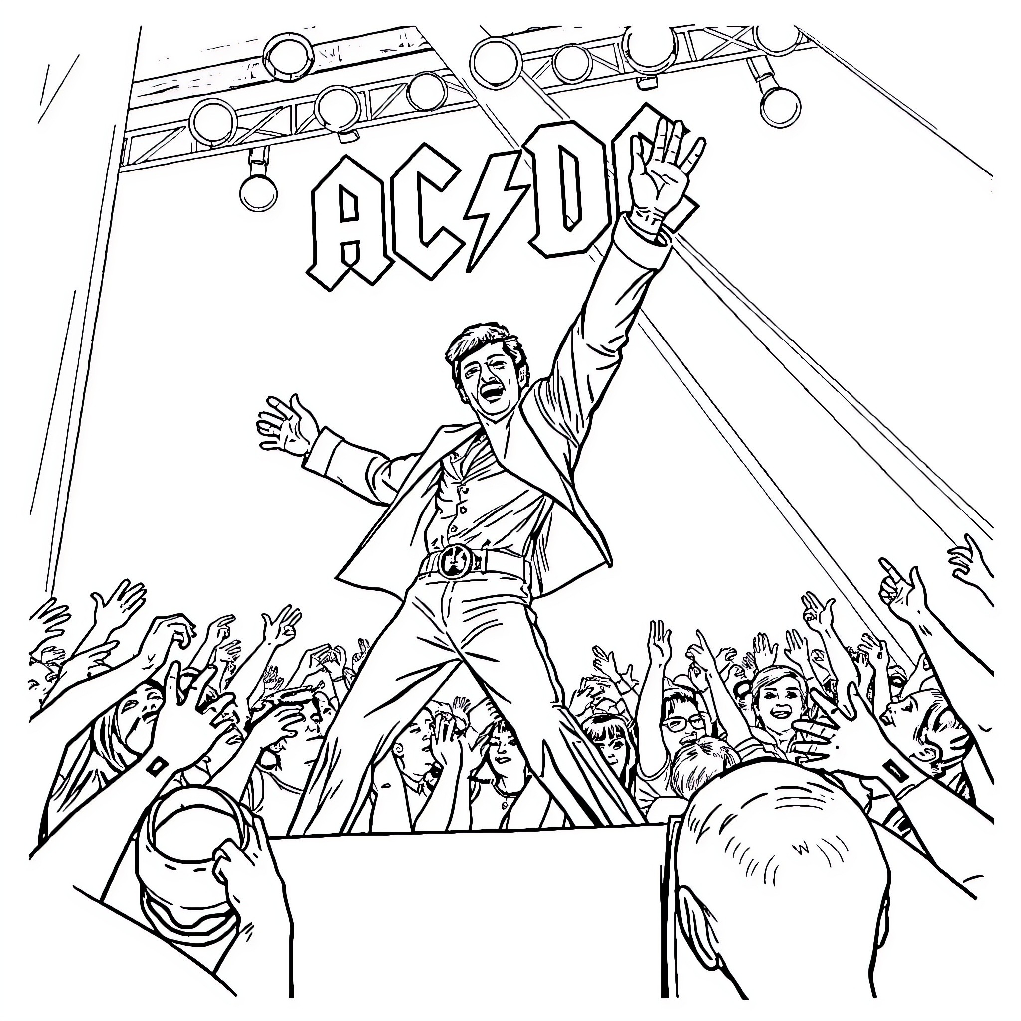 Freddie Mercury performing on stage with ACDC logo Coloring Page (free black-and-white line drawing printable PDF for all, from beginners to advanced learners, including children, teens, adults, and seniors)