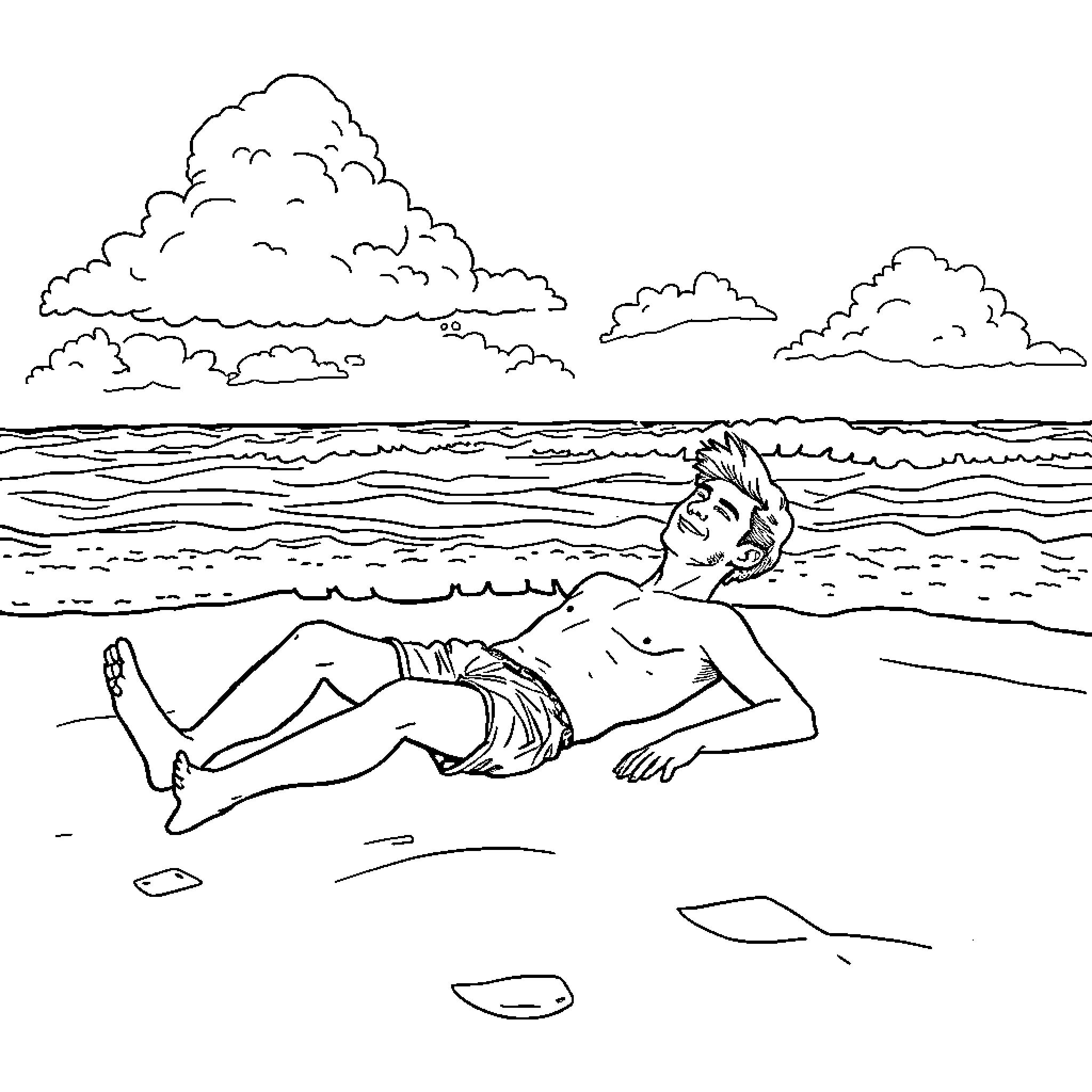 Guy relaxing on the beach under cloudy skies Coloring Page (free black-and-white line drawing printable PDF for all, from beginners to advanced learners, including children, teens, adults, and seniors)