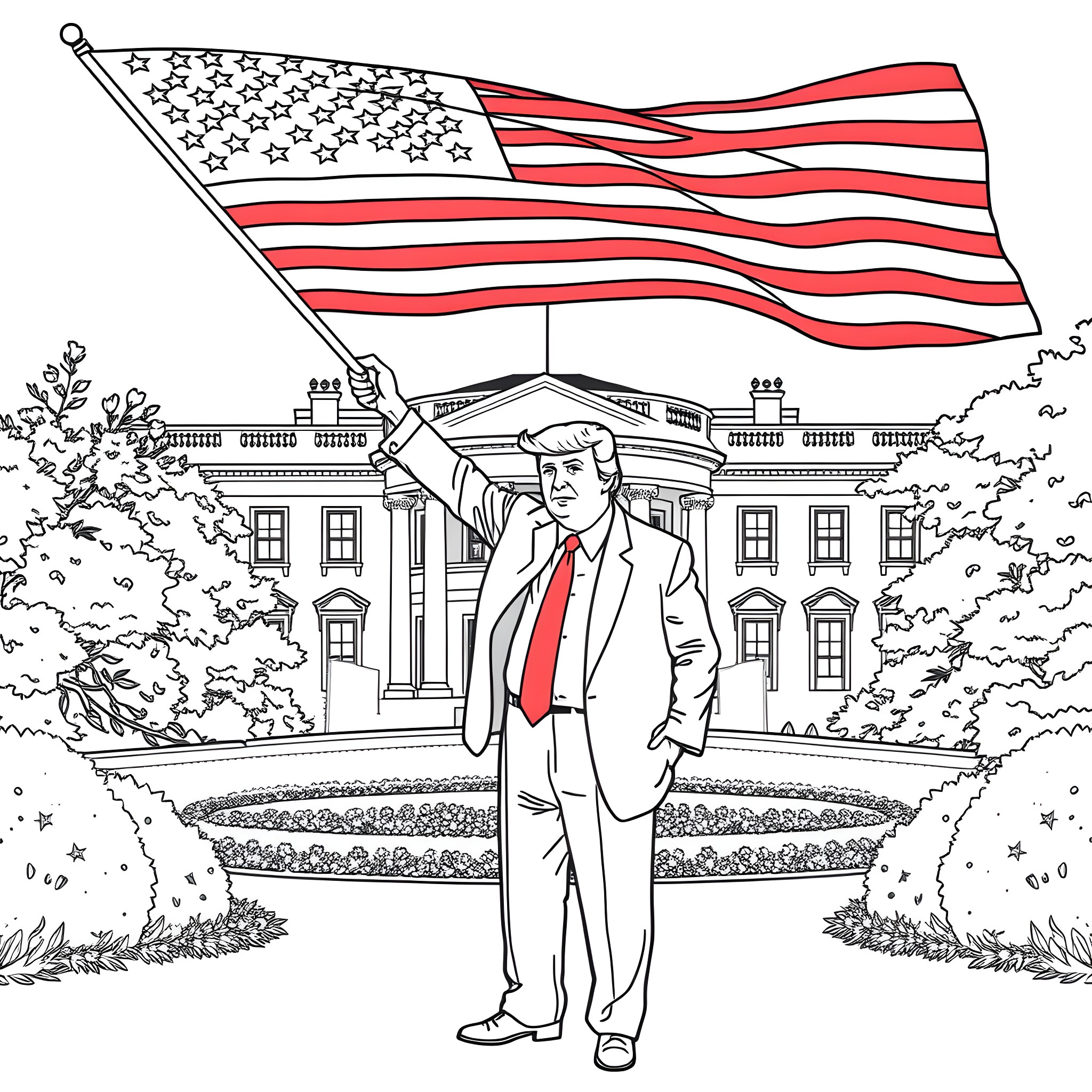 Trump waving an American flag in front of the White House Coloring Page (free black-and-white line drawing printable PDF for all, from beginners to advanced learners, including children, teens, adults, and seniors)