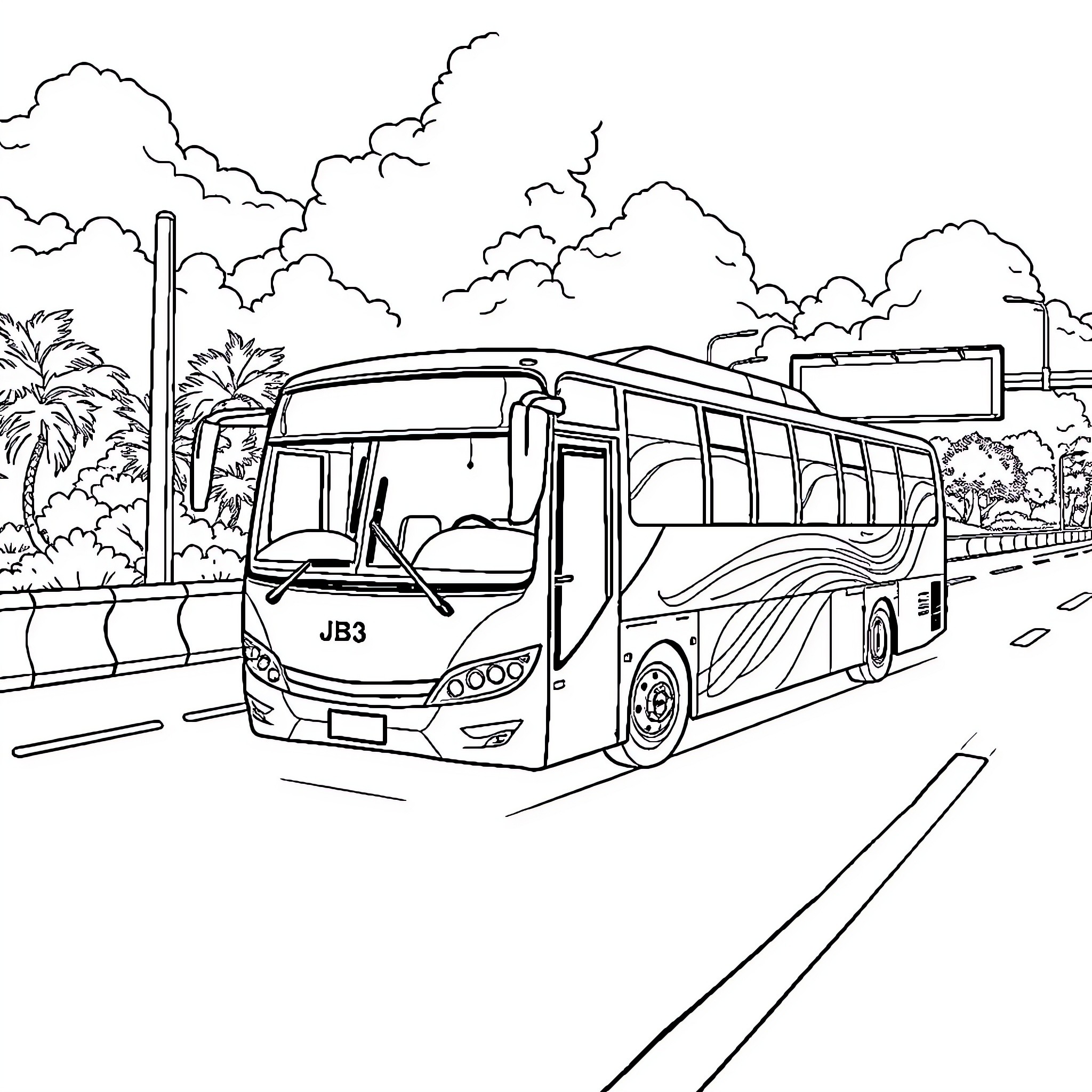 Bus transporting passengers on a scenic route Coloring Page (free black-and-white line drawing printable PDF for all, from beginners to advanced learners, including children, teens, adults, and seniors)