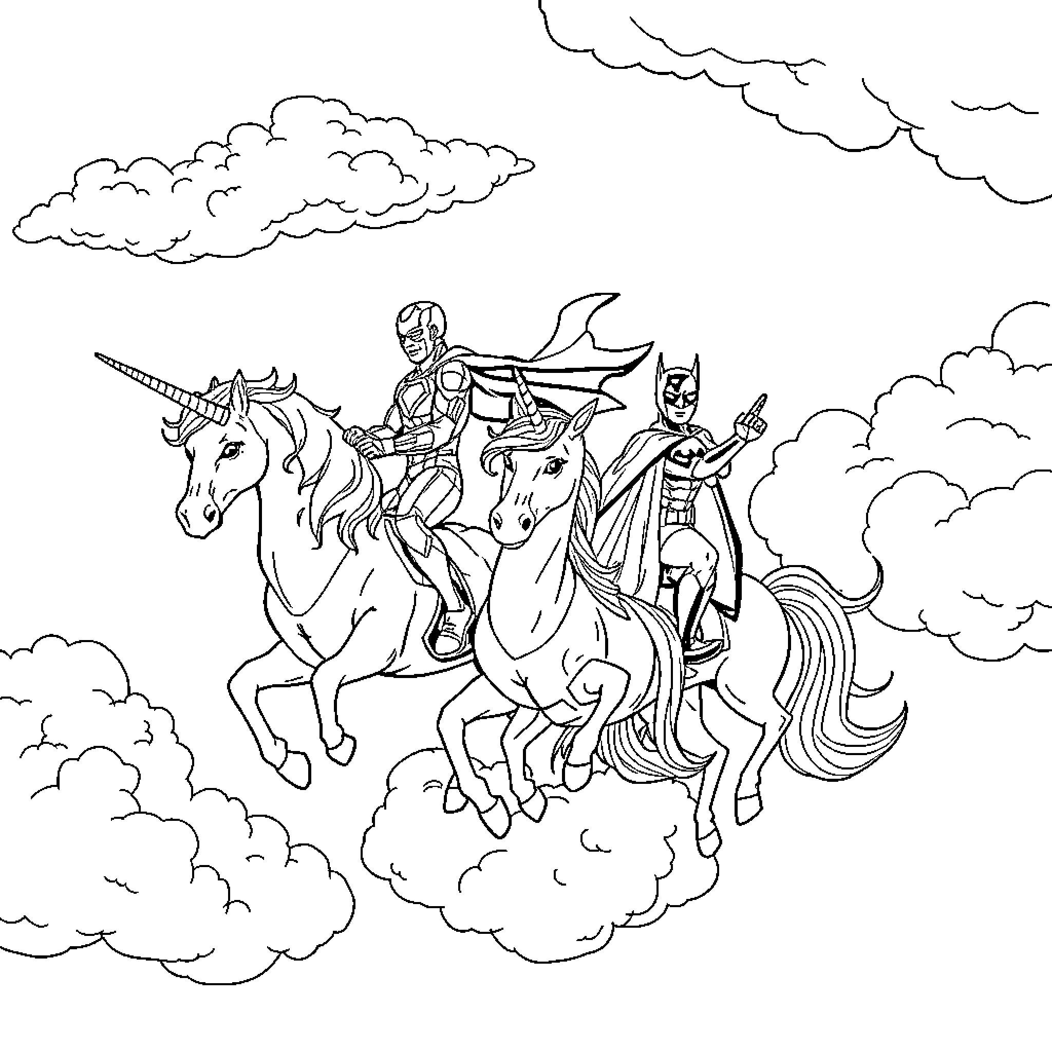 Unicorn fantasy heroes riding unicorns in the clouds Coloring Page (free black-and-white line drawing printable PDF for all, from beginners to advanced learners, including children, teens, adults, and seniors)