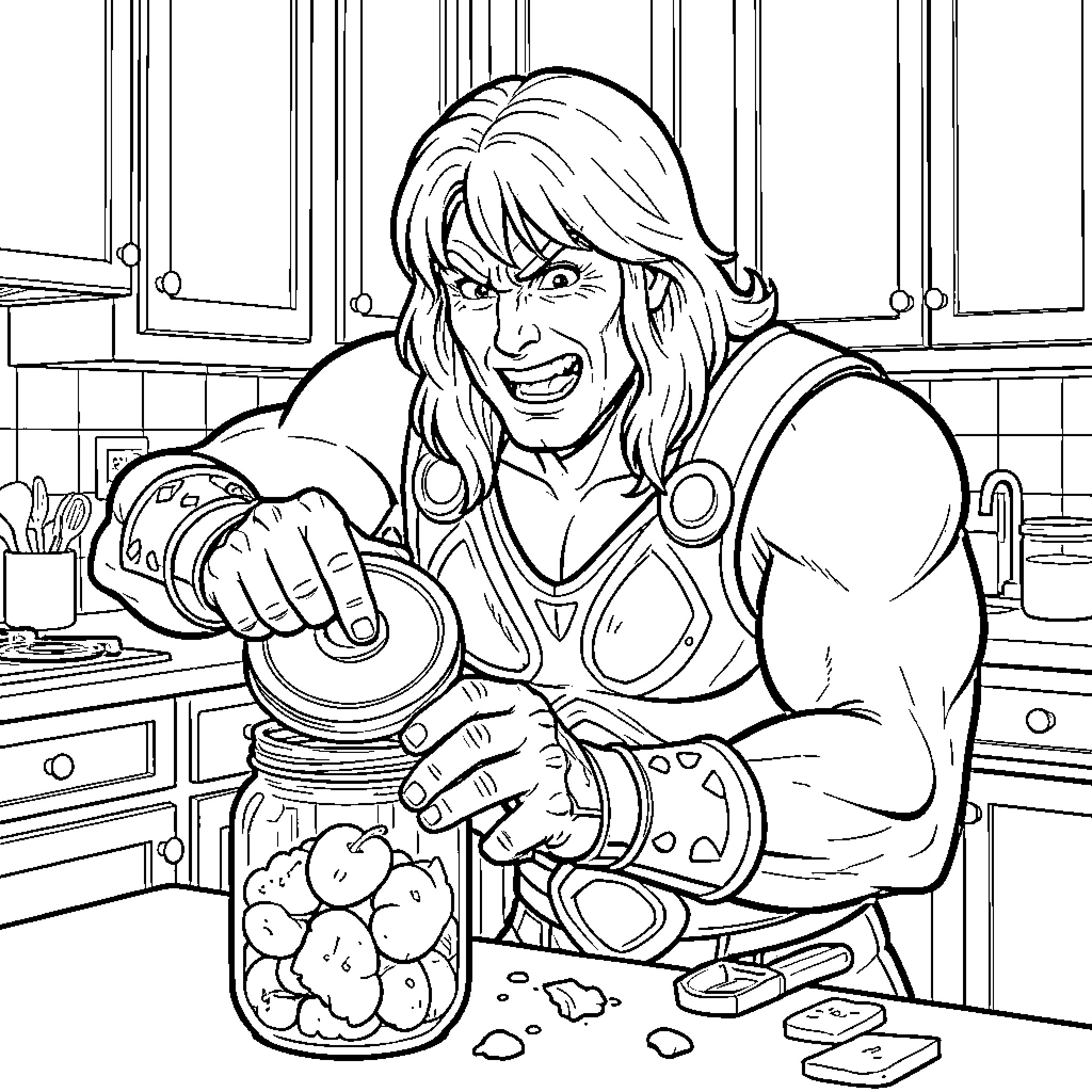 He-Man preparing food in the kitchen Coloring Page (free black-and-white line drawing printable PDF for all, from beginners to advanced learners, including children, teens, adults, and seniors)