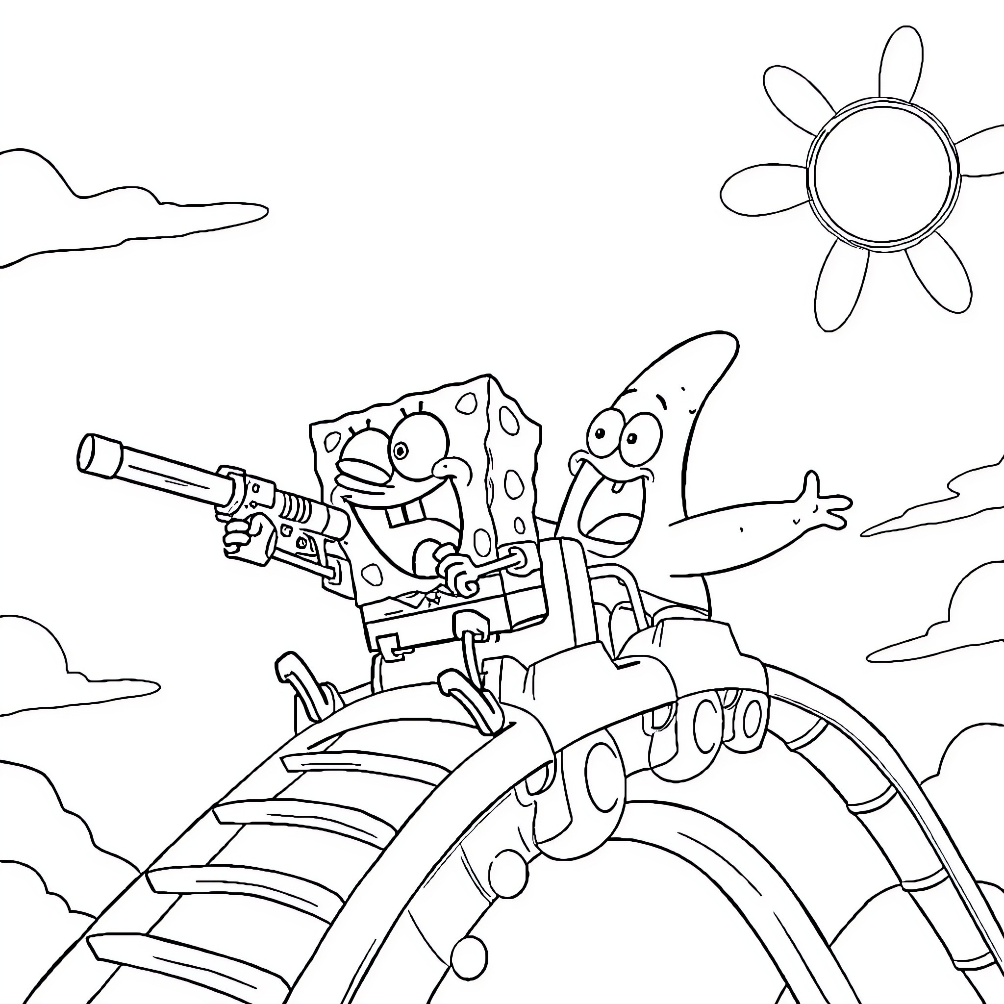 Spongebob and Patrick on a Silly Roller Coaster Adventure Coloring Page (free black-and-white line drawing printable PDF for all, from beginners to advanced learners, including children, teens, adults, and seniors)