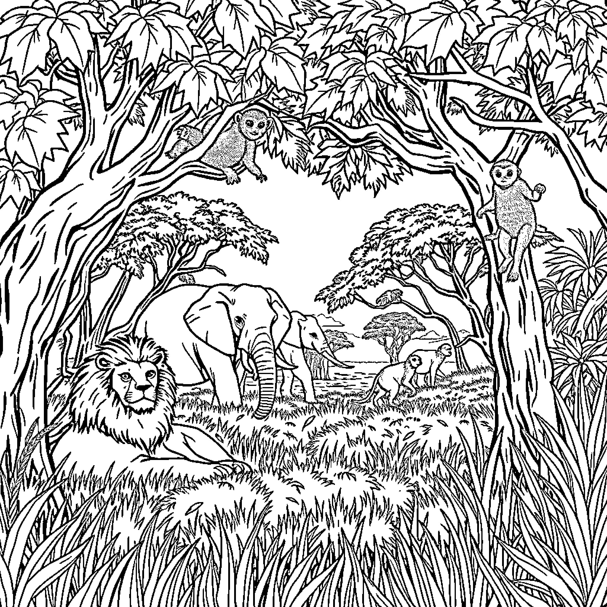 Safari Animal Scene with Exotic Wildlife Coloring Page (free black-and-white line drawing printable PDF for all, from beginners to advanced learners, including children, teens, adults, and seniors)